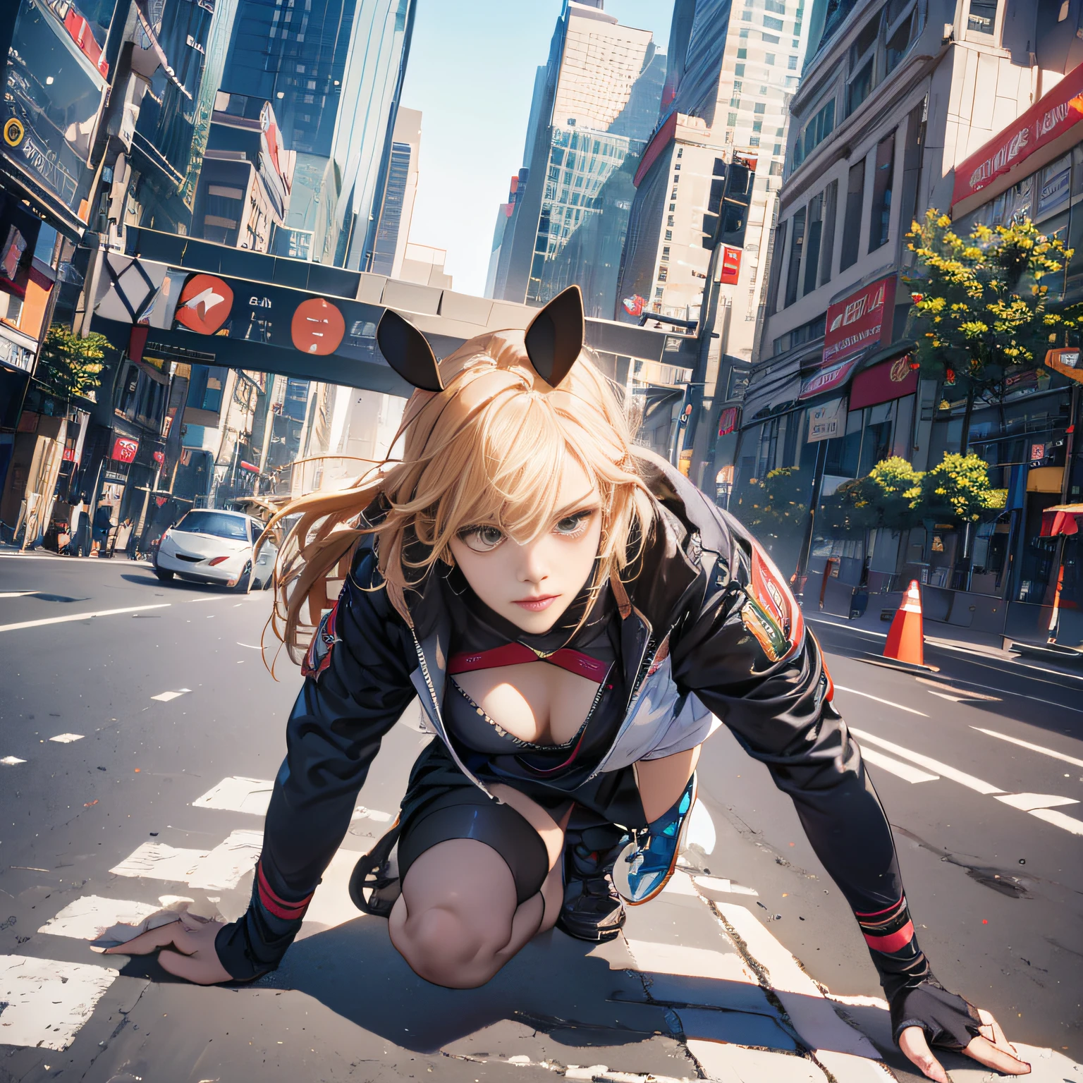 (longshot, looking away, shift off center, draw the face precisely, cinematic perspective, colorful place), 1woman, jump over the safety fence, road trees, plants, skyscraper,
