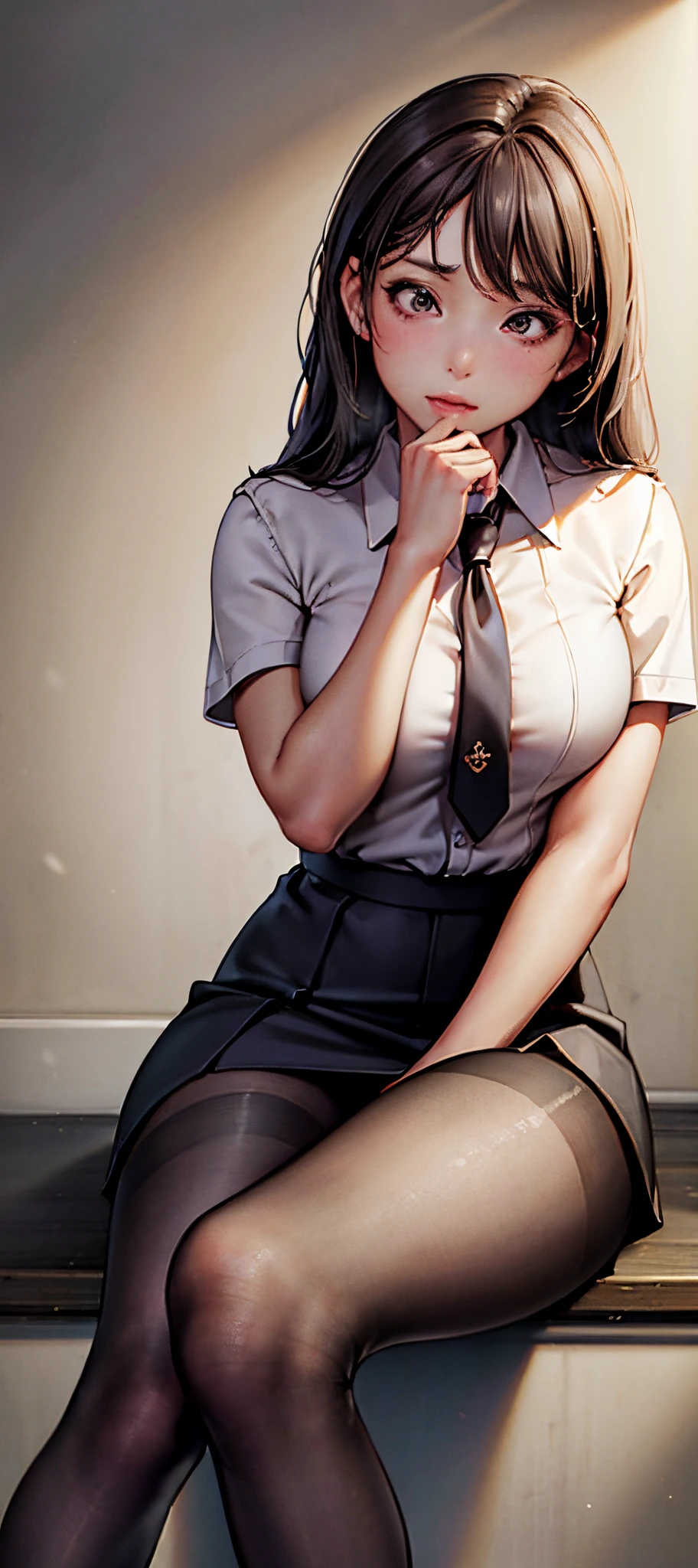 (Excellence in masterpieces, Best Quality: 1.2), Solo, 1 girl,A dark-haired, Mouth closed, Looking at Viewer, hand on face, Sitting, legs crossed, Collared shirt, tie up, Skirt, Stockings), shy, perfect face, embarassed, trending on artstation,