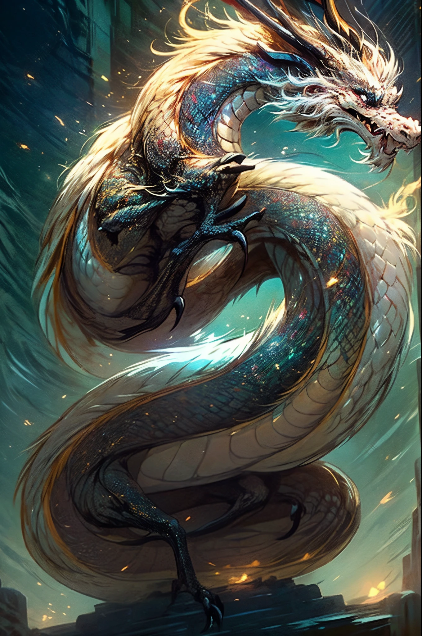 Dracara is an ancient magical dragon that displays resplendent, escamas douradas que captam a luz magnificamente.. Your eyes are like centuries-old sapphires, emanando uma luz intensa. Chifres imponentes esculpidos com runas antigas, Com uma envergadura majestosa, Dracara has wings that extend with grandeur. Her wing membranes are marked with magical patterns that glow when she channels her power.... Garras afiadas e poderosas destacam-se nas extremidades de suas patas, A flaming mane runs along Dracara'Neck strap, emanating magical heat. The flames are in a variety of colors, Dracara'the tail is elegant, com uma ponta de cristal que irradia uma luminosidade suave.