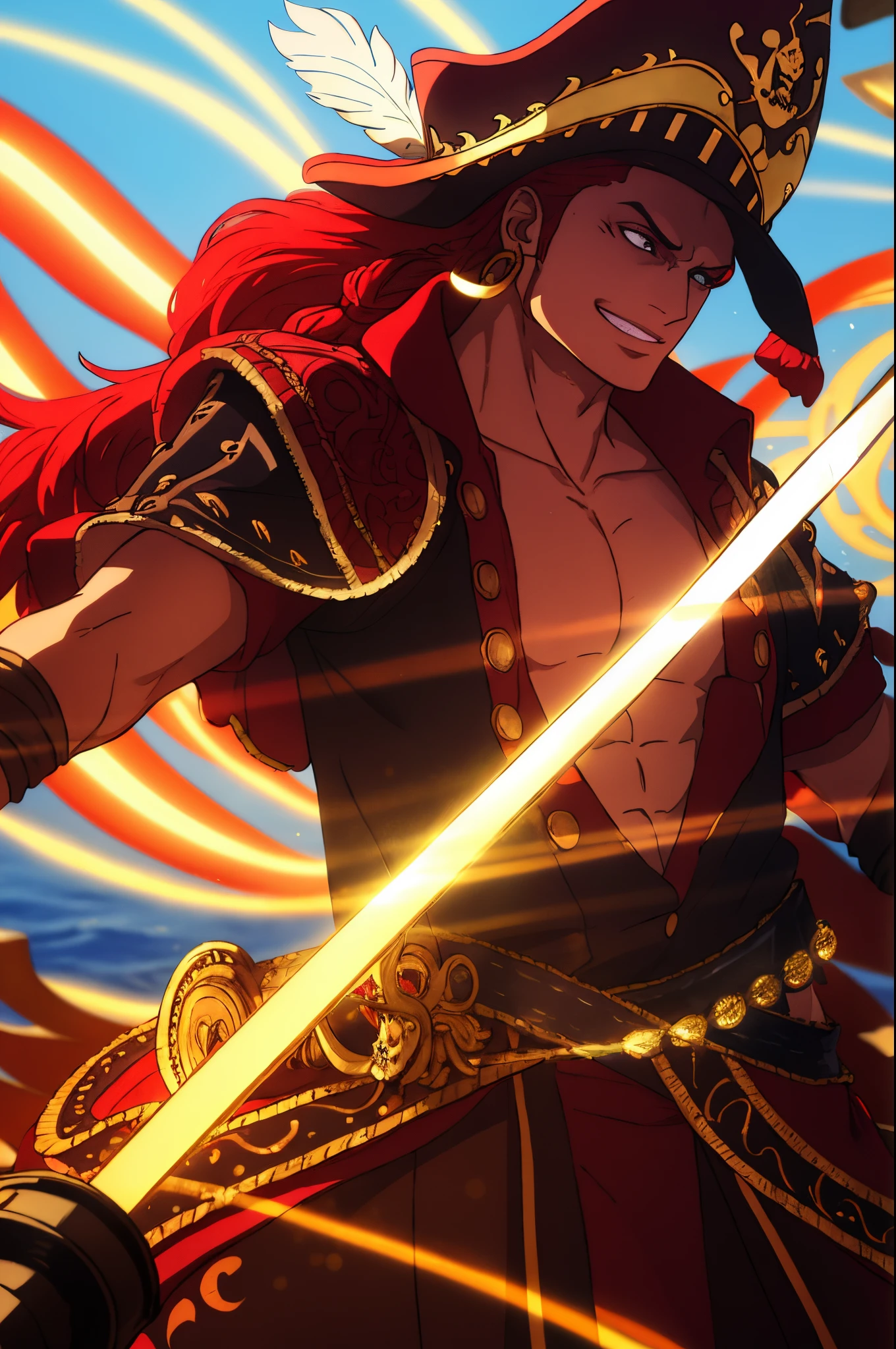 (best quality,4k,8k,highres,masterpiece:1.2),ultra-detailed,(realistic,photorealistic,photo-realistic:1.37),30-year-old man,red hair,emerald green eyes,sharp jawline,strong facial features,red captain's hat,long ponytail with intricate braids,red pirate outfit with gold trimmings and buttons,green feather accents on the hat and outfit,gold hoop earrings,confident smile,piercing gaze,black scimitar in his hand,ornate handle with intricate engravings,glimmering blade emanating an aura of danger,striking pose with one leg slightly raised,proud posture,background of a pirate ship sailing across stormy seas,dramatic lighting with dark shadows and highlights,moody atmosphere,vivid colors,bokeh effects,artistic rendering resembling an oil painting.