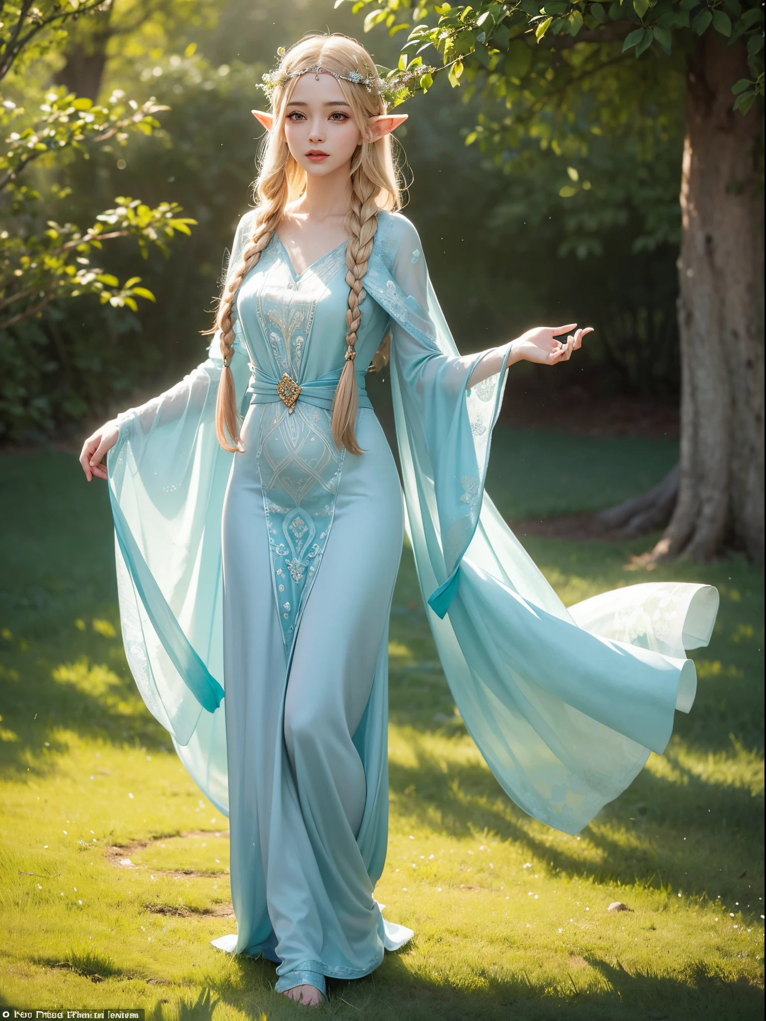 Graceful elven girl standing in meadow, Delicate face illuminated by the soft light of the setting sun. Her long, Flowing hair runs down your back, Decorated with intricate braids、Adorned with sparkling gemstones. This great photo is、、、It captures the ethereal beauty of elves. Slender figure in silk dress、Swaying in the soft steppe breeze. Attention to detail、Face that is、Face that is、Face that is、Face that is、Face that is、Face that is、Face that is、Face that is、Face that is、It is evident in the intricate patterns of the dress and the subtle highlights of the luminescence. skin. The breathtaking portrayal of the elven girl is、、、、、、、、、、Create an enchanting atmosphere、It invites the viewer to a magical world.