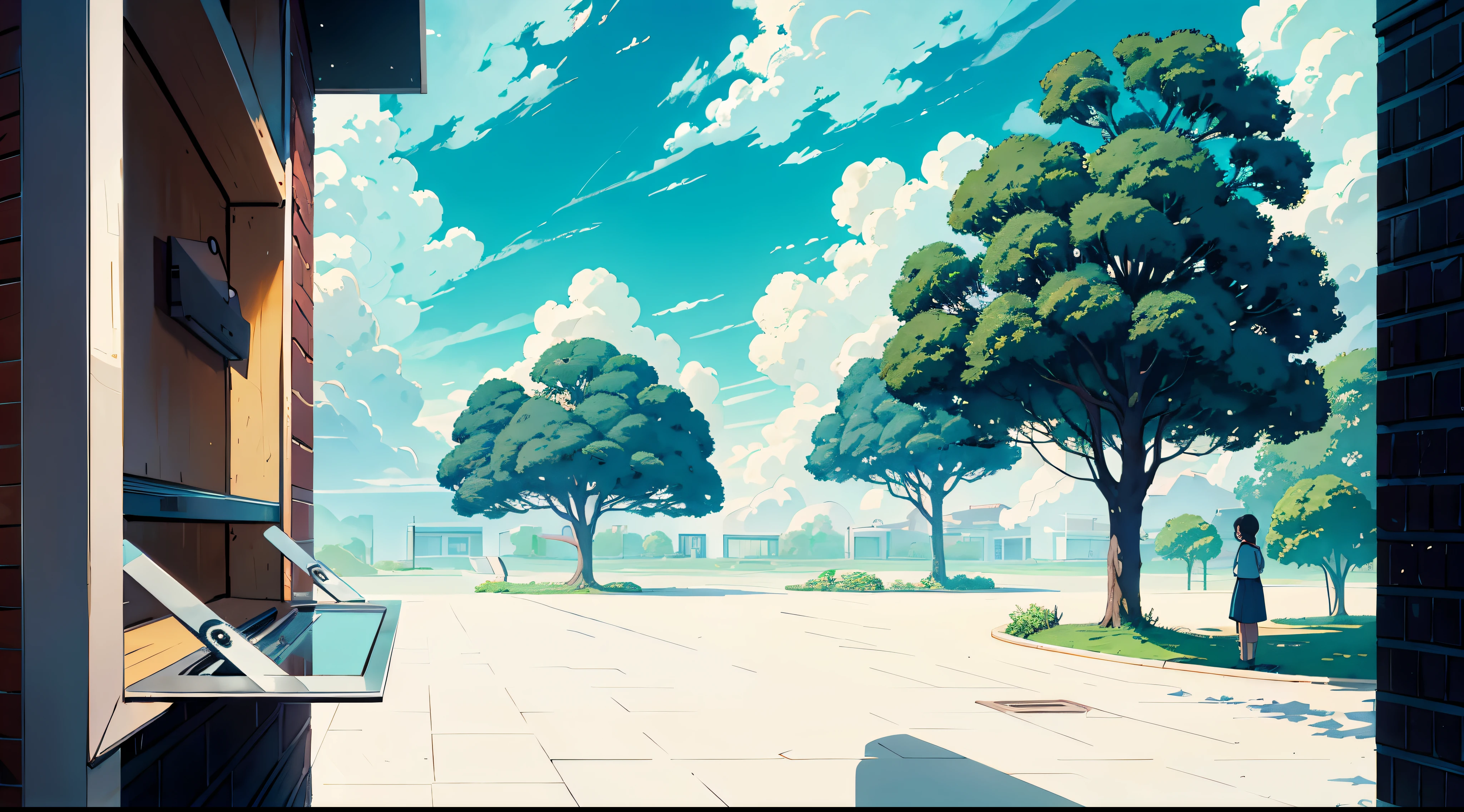 ghibli art style, ticket counter with black brick wall and, opened window, out door, trees and sky in the background