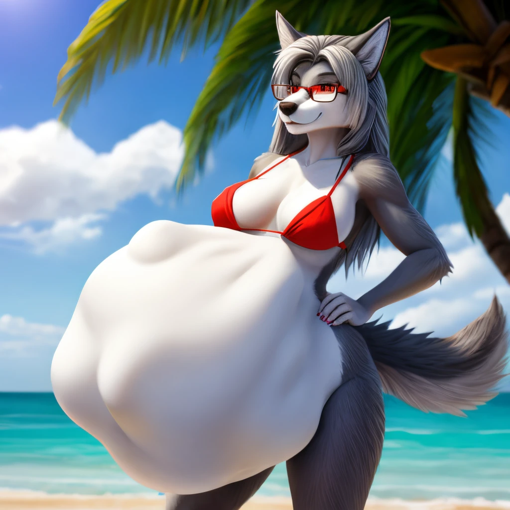 Sexy female wolf, beach, bikini, sexy, breasts, high detail, ray tracing, UHD, high details, anatomically correct, super detail, 8k, best quality, full body should be shown, hand on hip, long hair, red eyes, grey hair, breast grope, spread legs, grey fur, white belly, glasses (vore:1.7), pregnant, hyper pregnant,