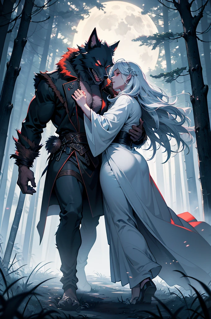 an angel and a werewolf in the forest,dark and mysterious forest,moonlit scene,thick fog,teeming with ancient trees,shadows dancing through the branches,majestic angelic figure with golden wings,holy radiance emanating from the angel,graceful and ethereal expression,flowing white robe,divine aura and countenance,sharp and piercing eyes,powerful werewolf with fur as dark as night,ferocious and intimidating presence,curved fangs and glowing red eyes,subtle hint of moonlight illuminating the werewolf's features,ominous and eerie atmosphere,branches twisted and tangled,crisp leaves rustling underfoot,whispers of the wind carrying secrets of the forest,delicate flowers blooming amidst the darkness,hints of magic and enchantment in the air,(best quality,4k,8k,highres,masterpiece:1.2),ultra-detailed,realistic,photorealistic:1.37,HDR,UHD,studio lighting,vivid colors,surreal and dreamlike ambiance.