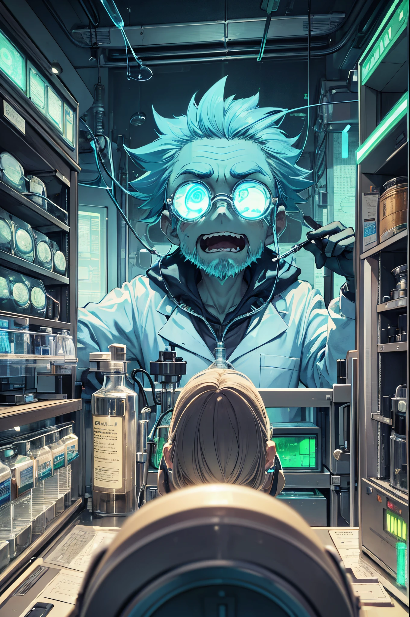 (best quality,highres:1.2),ultra-detailed,portrait,character from "Rick and Morty",Rick Sanchez,blue spiked hair,hair sticking out in different directions,beard stubble,scientist lab coat,colored lab coat,pockets filled with scientific tools,glasses with round frames,intense expression,raised eyebrow,droopy eyes,unconventional square-shaped pupils,characteristic unibrow,sarcastic smile,wrinkles around the eyes and forehead,aging lines on face,background with futuristic laboratory equipment,flickering lights,green glowing chemicals,bubbling test tubes,smoke coming out of beakers,scientific equations and formulas written on the walls,serious and confident posture