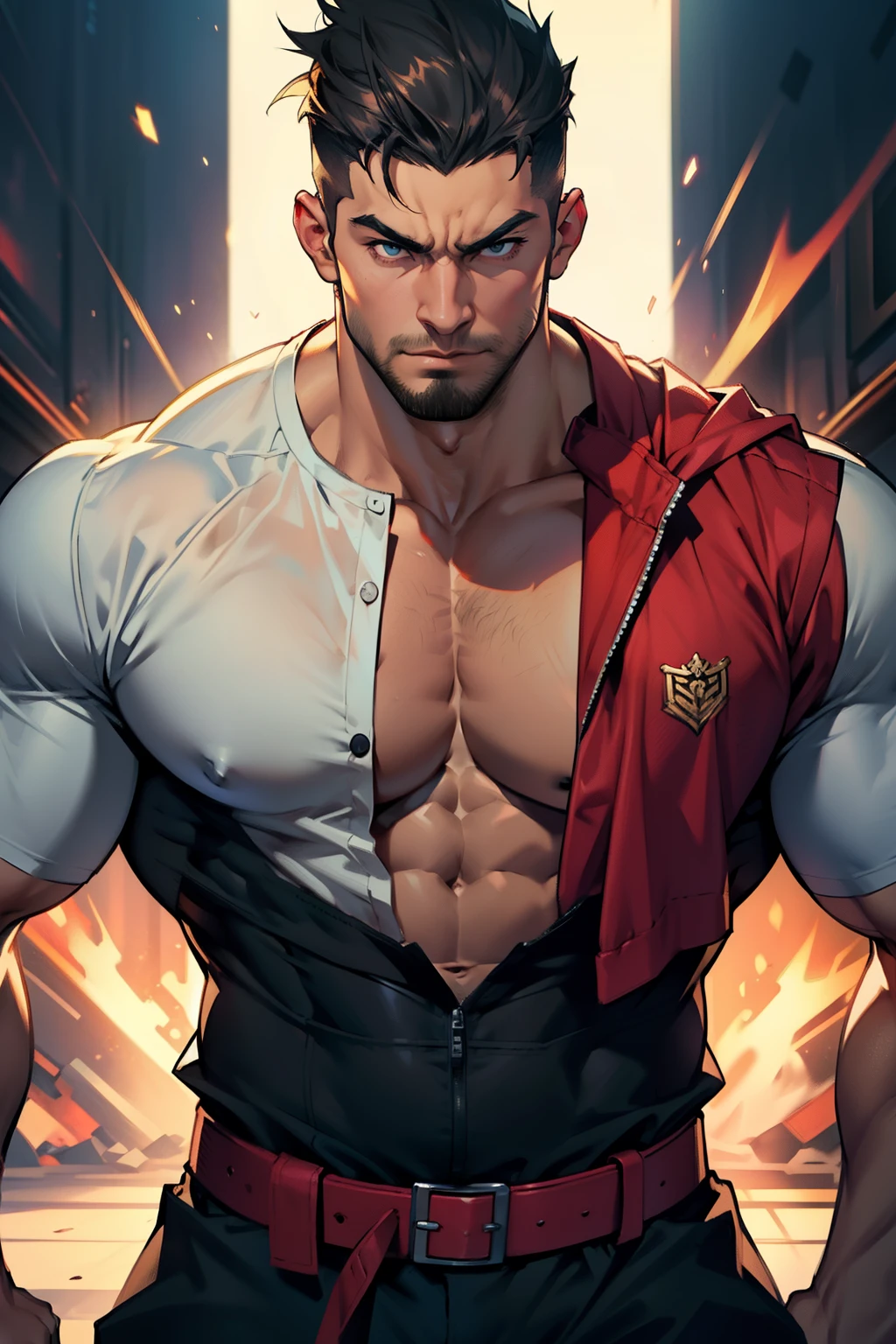 male, wearing tight shirt, fluffy chest, chest up bust shot, big chest, centered shoulders up view, thicc, insanely inflated hips, chest, formless breasts, big shoulders, extremely masculine muscular character, erotic, huge bulge