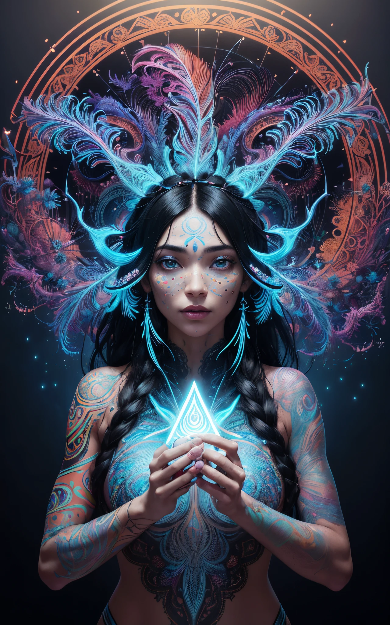 ultra-detailed artistic abstract beautiful indigenous woman with long black hair, magic with bioluminescent filigree, geometric photography, 32k fashion abstract poster, detailed symmetrical blue iris, natural body posture by artist russ mills, art by alberto seveso, by Carne Griffiths, by Wadim Kashin, symmetrical, abstract art style, sharp eyes, digital painting, burst of color, concept art , volumetric lighting, by GIlSam-paio octane rendering depicting innovation and truth, 8k, by Lee Jeffries, Alessio Albi, Adrian Kuipers, glamour, intricate detailed environment, lace, smudges , dark background, masterpiece, ornate, depth - studio Gs perfecty.