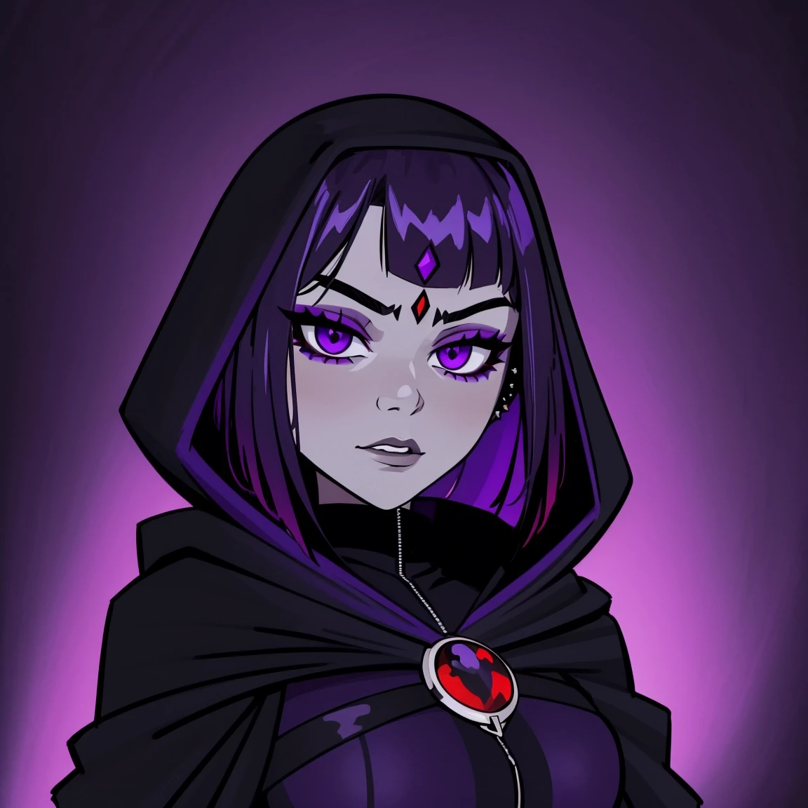 Raven, titans, hooded, goth girl, autumn forest background, detailed, detailed, detailed, beautiful, detail, goth girl, masterpiece, purple clothes, red jewel centre head, dark night background, gothic, goth, goth, detailed, goth girl, piercings, detailed face, looking viewer, raven, (Dark eye shadow) dark eye shadow, black eye shadow,
