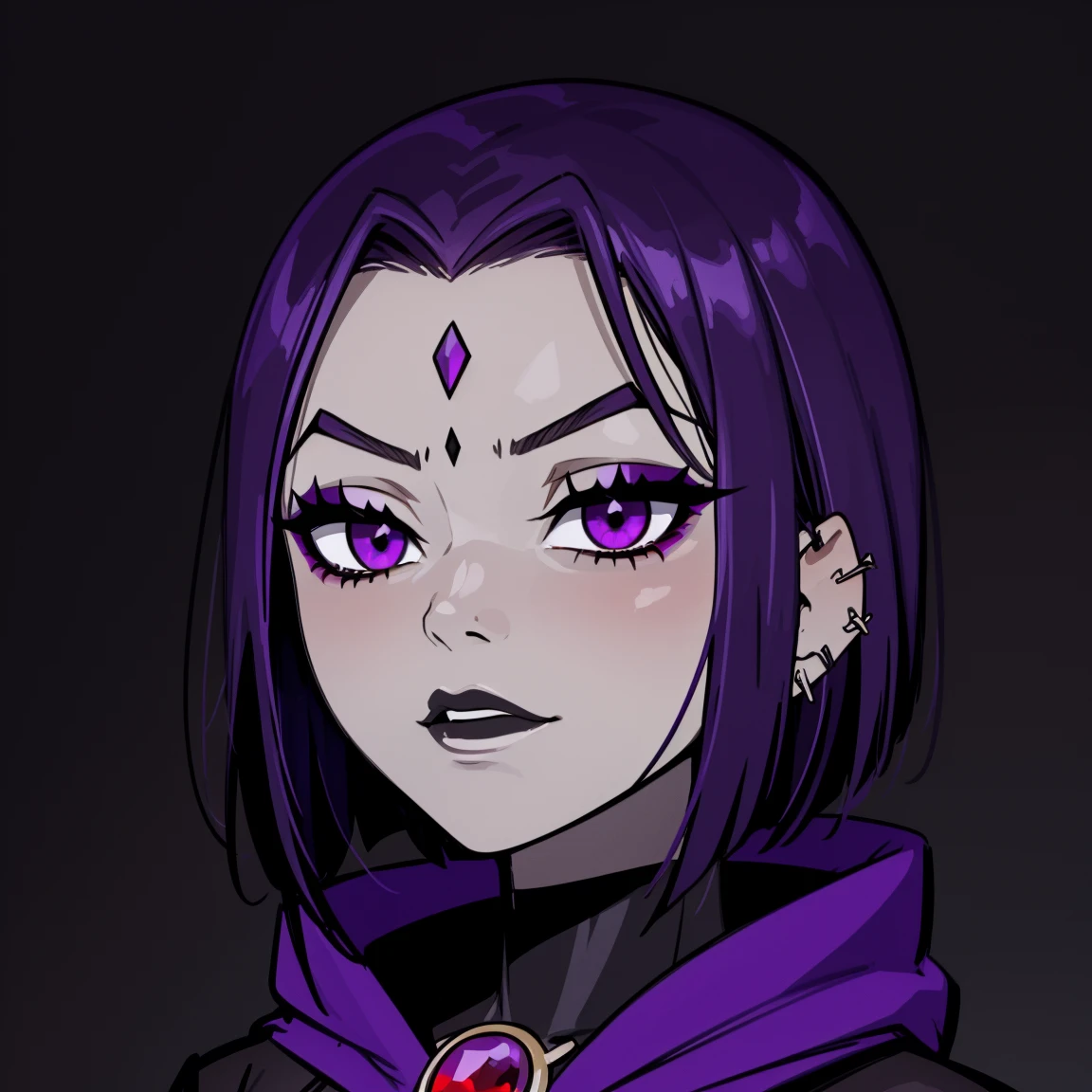 Raven,  titans, hooded, goth girl, autumn forest background, detailed, detailed, detailed, beautiful, detail, goth girl, masterpiece, purple clothes, red jewel centre head, dark night background, gothic, goth, goth, detailed, goth girl, piercings, detailed face, looking viewer, raven, (Dark eye shadow) dark eye shadow, black eye shadow,