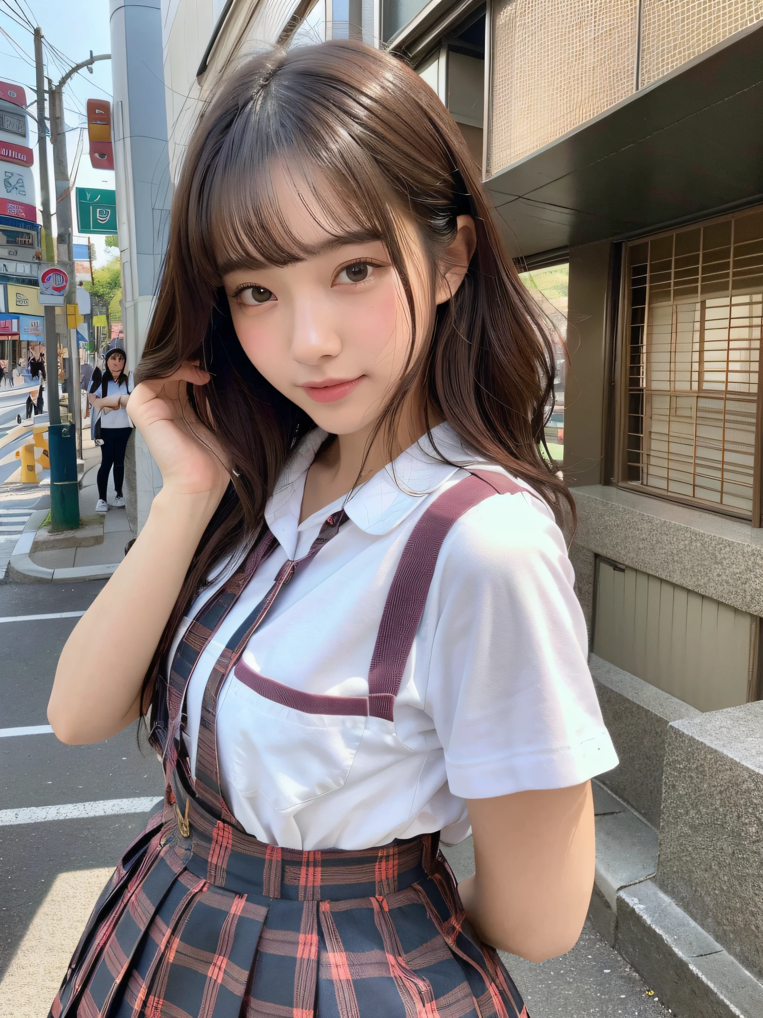(8K、Raw photography、top-quality、masuter piece:1.2)、ultra-detailliert、ultra res、(realisitic、rialistic photo:1.37)、portlate、high-definition RAW color photography、Professional Photography、highly detailed and beautiful、ighly detailed、8K Picture Wallpaper、amazing detailed、huge filesize、Official art、Highly detailed CG Unity 8K wallpapers、highly detailed beautiful girl、extra detailed face、extremely detailed eye、highlydetailed skin、extremely detailed fingers、highly detailed nose、very detailed detailed mouth、Perfect Anatomy、highly detailed back ground、Highly detailed clothing、女の子 1 人、(18:1.2)、Teen、Cute little girl s、famous Japan idol、cute little、Realistic body、小柄、de pele branca、glistning skin、Slim body、Handsome body、brown haired、Short curly hair、(Blunt bangs:1.2)、A smile、kawaii、zora々Right、kawaii faces、Lifelike face、Delicat eyes、Sauce order、White shirt、skirt by the、耳Nipple Ring、Looking at the camera、cowboy shot、front facing、Contrapo, high street, 动态照明,((((japanese girl school uniform))))、s Office