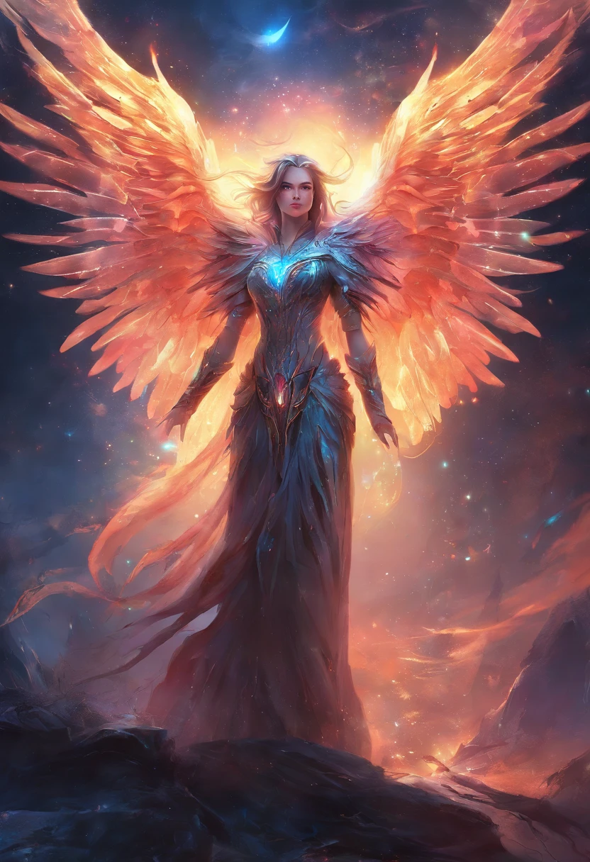 Cosmic Fallen Angel, glowing light eyes, Biomechanical, eerie, Creepy, nightmarish, Very bright colors, Light particles, with light glowing, Mshiff, wallpaper art, UHD wallpaper