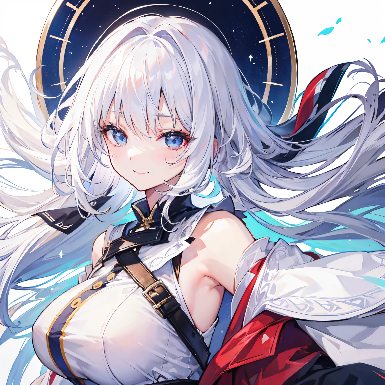 1 girl in, White one-piece military uniform, (masutepiece:1.2, Best Quality), (beautifull detailed face), High contrast, (Best Illumination, extremely delicate and beautiful), ((Cinematic Light)), Dramatic light, Intricate details, dark orange eyes, big breast, Belt under breast, White military uniform, White skirt,blonde hair, Wolf cut hair, Look at me and smile, ruddy skin, sky,