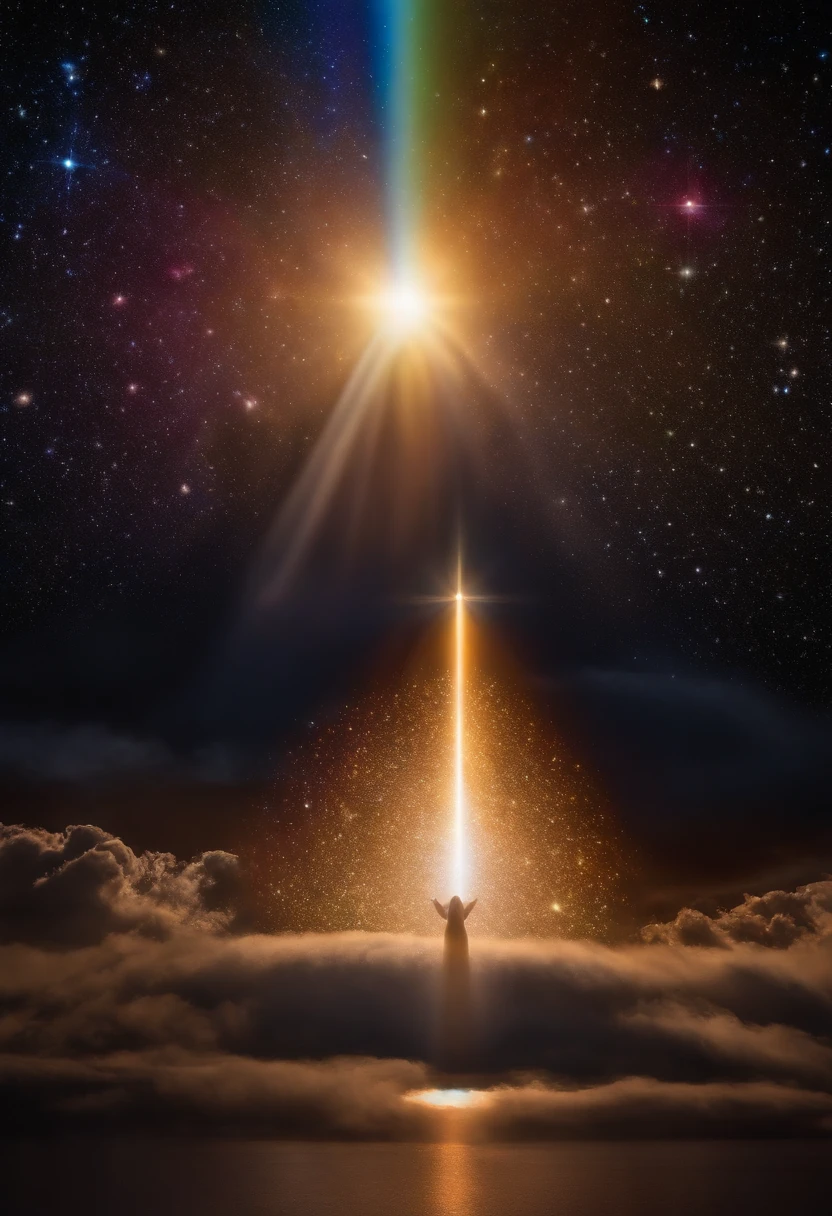 angel of the universe, ojos brillantes de luz, light particules, Luz brillante, luna llena, estrella fugaz, arco iris