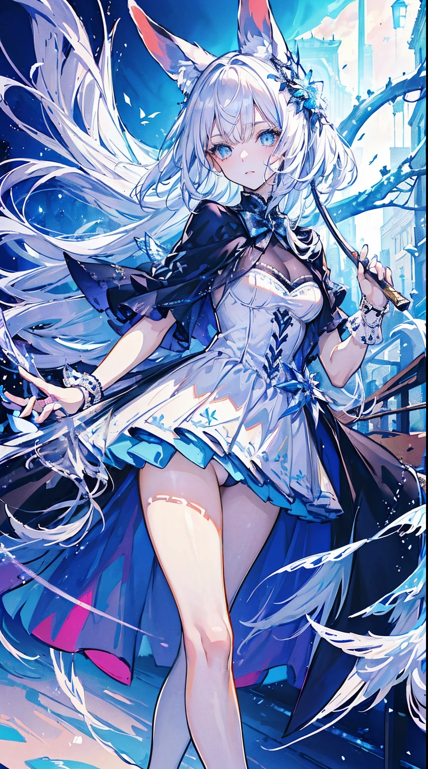 Anime girl with long white hair and blue dress holding a sword - SeaArt AI