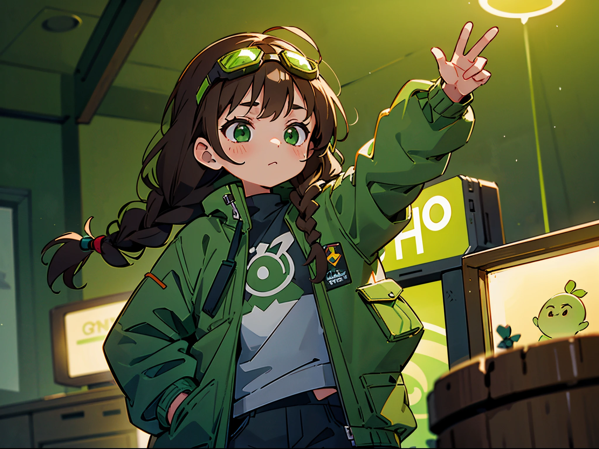 a 3 girl,Brown double long braids,punk jacket,flatchest,((Brown hair)),green glowing dot in hand,(dim murky lights,gray basement),(Wearing green goggles),(the only person)