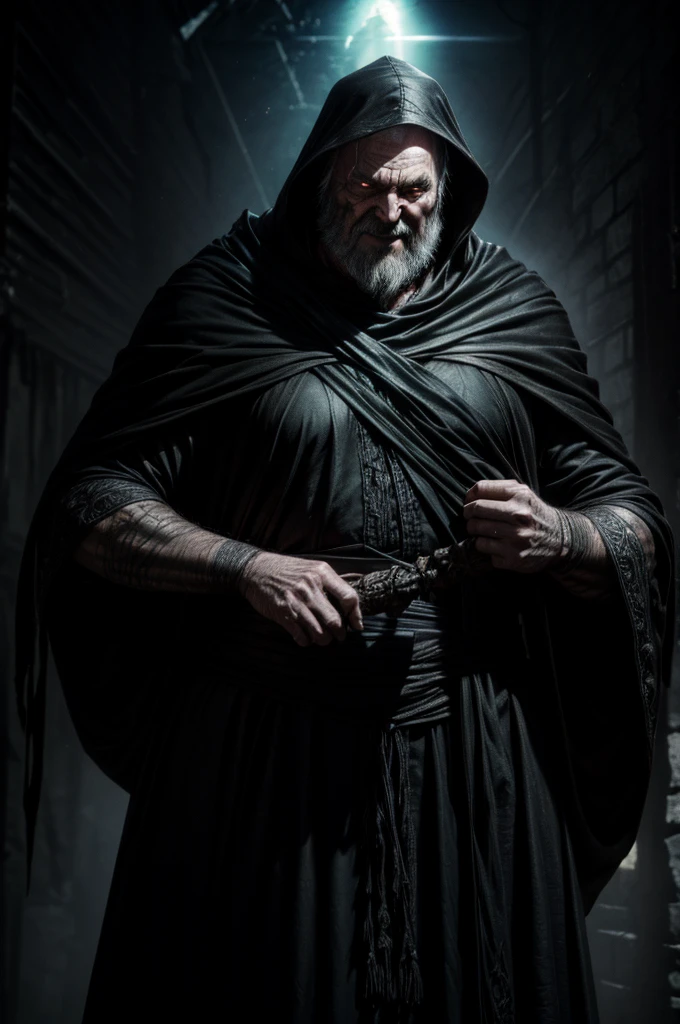 Lord Malgrim wears a dark, flowing cloak that seems to absorb the light around him.. The fabric is intertwined with shadows, emanating an aura of darkness. Your eyes are deep and burning, exibindo um brilho sinistro. Lord Malgrim&#39;s skin is pale, cadaveric, necromantic, His features are carved with the marks of time and dark magic. A staff carved with bones Lord Malgrim&#39;s robes are filled with necromantic ritual symbols. Lord Malgrim wears rings adorned with black gems that radiate dark energy. Each gem is a receptacle of souls and necromantic power. Uma aura de trevas crescentes envolve Lord Malgrim, ar de maldade com Sombras que o seguem, Rugas profundas e marcas de antiguidade adornam o rosto de Lord Malgrim. wears a sinister expression and smile.