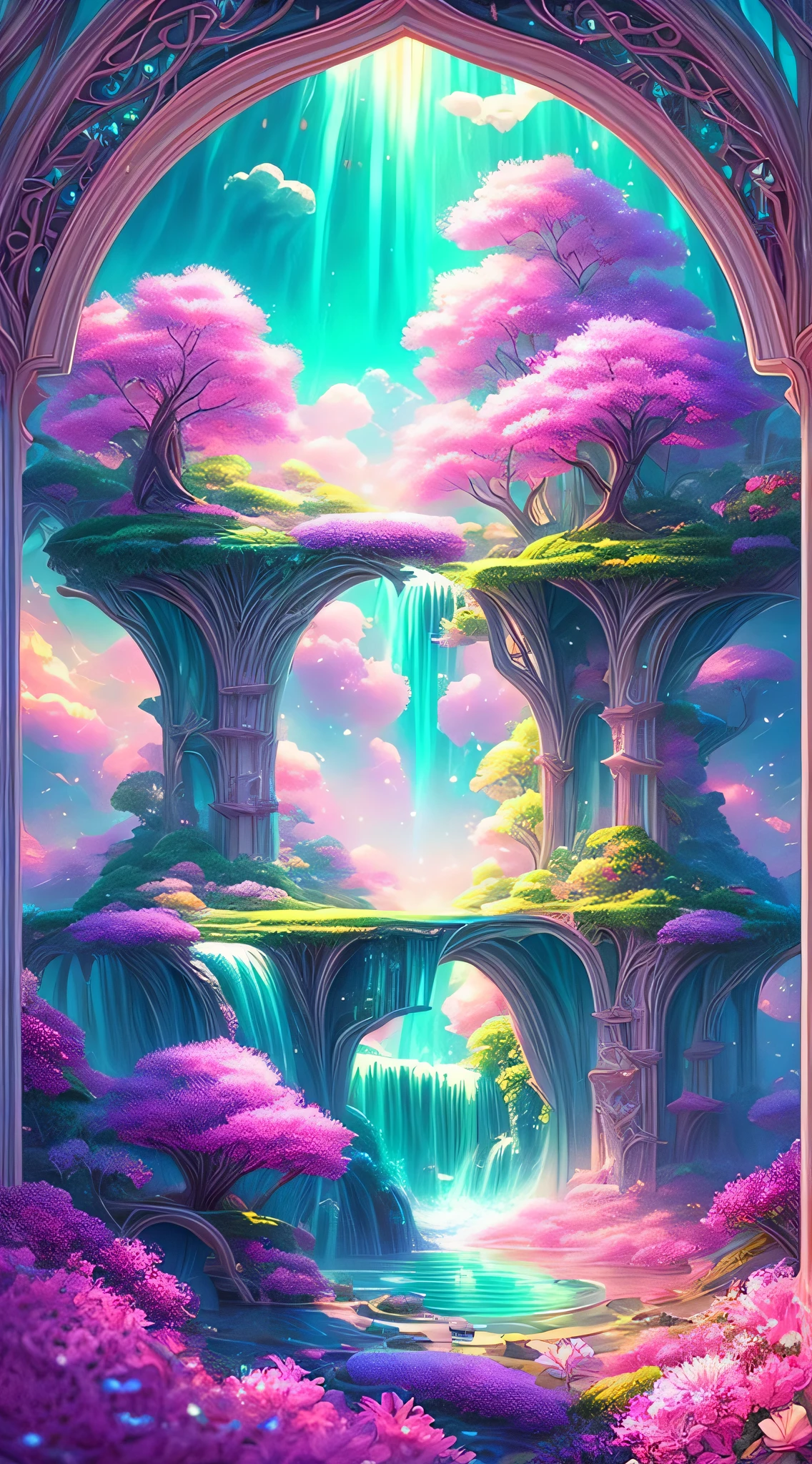 Imagine a mesmerizing scene ((Dreamy and ethereal)) The realm of romantic dreams. The environment is full of intricate floating islands, Fluffy clouds, Waterfall cascading from floating island, and a vibrant, Surreal atmosphere. The atmosphere is filled with a sense of wonder and tranquility. Include a variety of pink shades as well as other vibrant jewel tones in the image. This scene will be depicted with anime style illustrations, with soft lines, pastelcolor, And whimsical touch. All buildings are extremely detailed and elegant. The artwork will capture the ethereal beauty and serenity of a dreamlike realm, Create a sense of harmony and escape from the ordinary world. Add cyan water, Colorful watercolor sky, Luminous elements, and lots of little fantasy details，including iridescence, Beautifully crafted landscapes, glittery. And most importantly, This should look like a fantasy artwork.