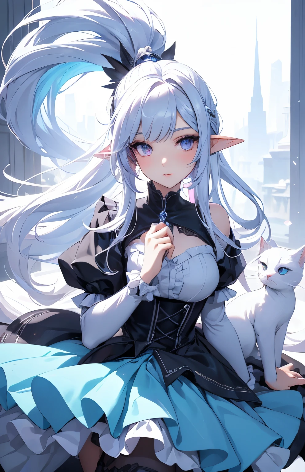 best qualtiy，tmasterpiece，Ultimate Resolution，downy，highly colorful，Colorful，Elven Girl，full body Esbian，blue and silver double ponytail，Lolita Long Dress， long legs with two white stockings，Muffin Shoes，close up of face，（slender, Dignified, Detailed face），neon color，Incandescent effect，Crystal figurines，（（（holding a cute white cat））），1cat