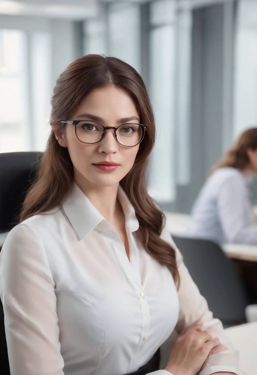 Cinematic ,facing the audience, (Reality :1.4), a 40 year old woman looking into the camera, long wavy hair, pony tail, female librarian, black skirt, white buttoned blouse, glasses, detailed beautiful face, action shot, empty office background, daytime, photo realistic, CG, art station, masterpiece, HD photographyCinematic portrait, ((medium close-up)), facing the audience, (Reality :1.4), a 40 year old woman looking into the camera, long wavy hair, female librarian, librarian costume, glasses, detailed beautiful face, action shot, empty office background, daytime, photo realistic, CG, art station, masterpiece, HD photography