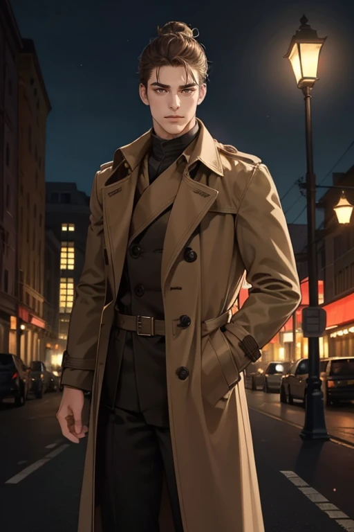 masterpiece, best quality, realistic, 1man, mature male, quiet and charming young man, 25 years old, serious look, extremely detailed face, ((dark brown eyes)), ((man-bun hairstyle)), [thick eyebrows], background: city at night, ((Dressed in a brown trench coat)), cinematic lighting, looking at the audience, smirking at the viewer, posture dynamics, standing next to a lamp post