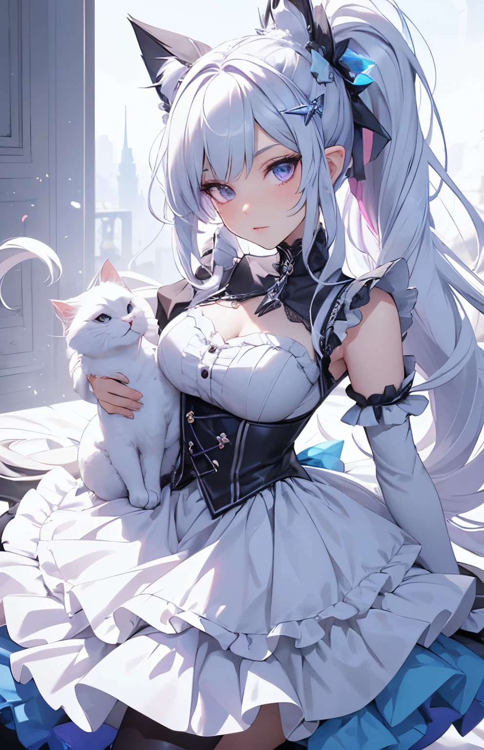 (Highly detailed CG Unity 8k wallpaper, masterpiece, top quality) (Perfectly proportioned hands with one thumb and four fingers) ((Western adult woman cosplaying as a white cat)) Long tail growing from the tailbone Beautiful body line Glossy skin Smile Crawling on all fours See-through windowsill