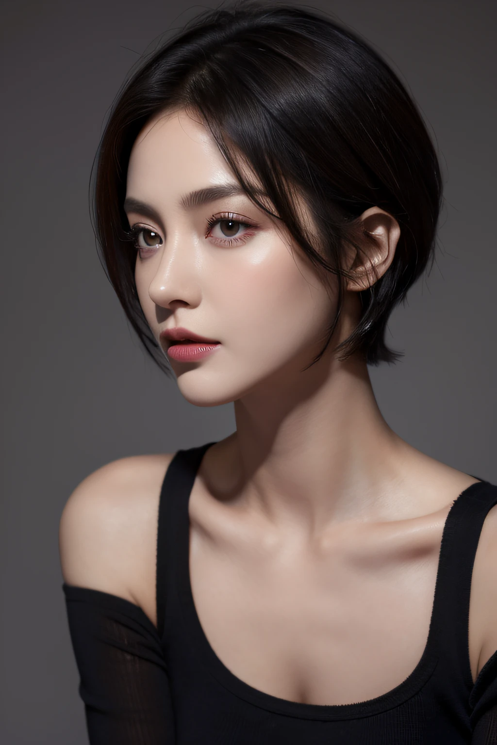 Short hair, Skin Tight Black Top:1.2, Looking at Viewer, Cinematic lighting, Perfect, softlight, High resolution skin:1.2, Realistic skin texture, Realistic face, off shoulders,Bust B Cup、 Exposed cleavage, Red Eyes, Short hair, dark brown hair、30 years old mature woman、Small face