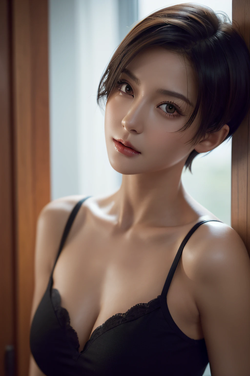 Short hair, Skin Tight Black Top:1.2, Looking at Viewer, Cinematic lighting, Perfect, softlight, High resolution skin:1.2, Realistic skin texture, Realistic face, off shoulders,Bust B Cup、 Exposed cleavage, Red Eyes, Short hair, dark brown hair、30 years old mature woman、Small face