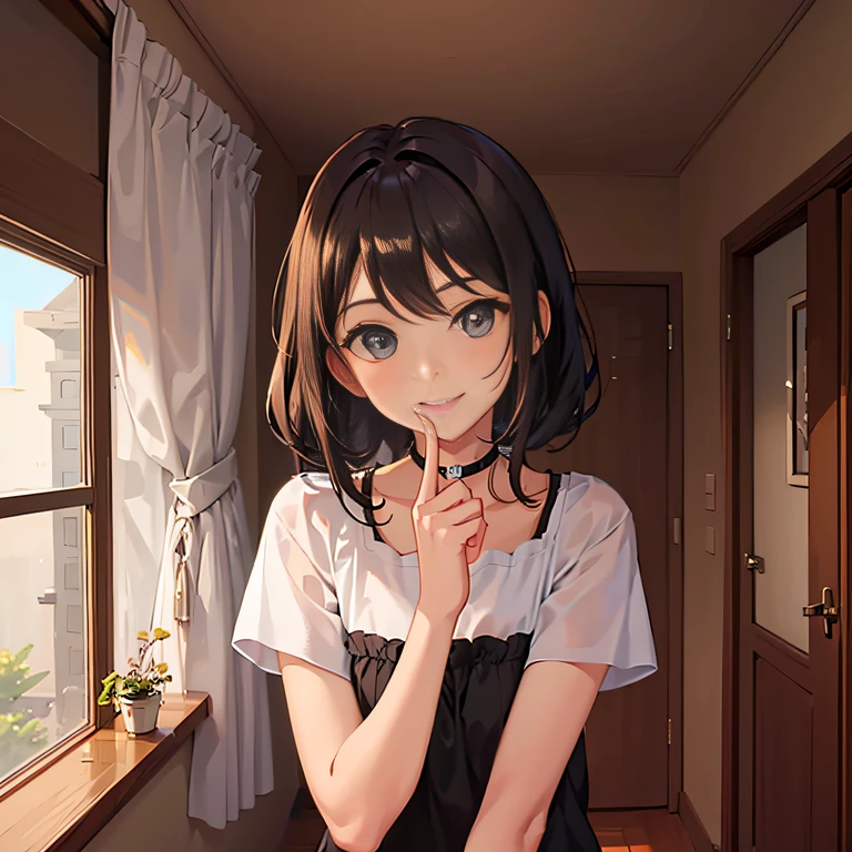 1girl in, turn your head in a dark bedroom, The smile is dazzling, dressed casually