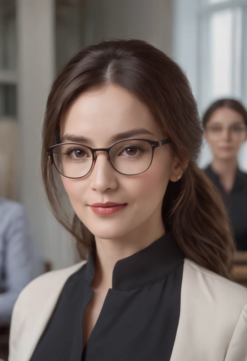 Cinematic ,facing the audience, (Reality :1.4), a 40 year old woman looking into the camera, long wavy hair, pony tail, female librarian, black skirt, white buttoned blouse, glasses, detailed beautiful face, action shot, empty office background, daytime, photo realistic, CG, art station, masterpiece, HD photographyCinematic portrait, ((medium close-up)), facing the audience, (Reality :1.4), a 40 year old woman looking into the camera, long wavy hair, female librarian, librarian costume, glasses, detailed beautiful face, smiling, empty office background, daytime, photo realistic, CG, art station, masterpiece, HD photography