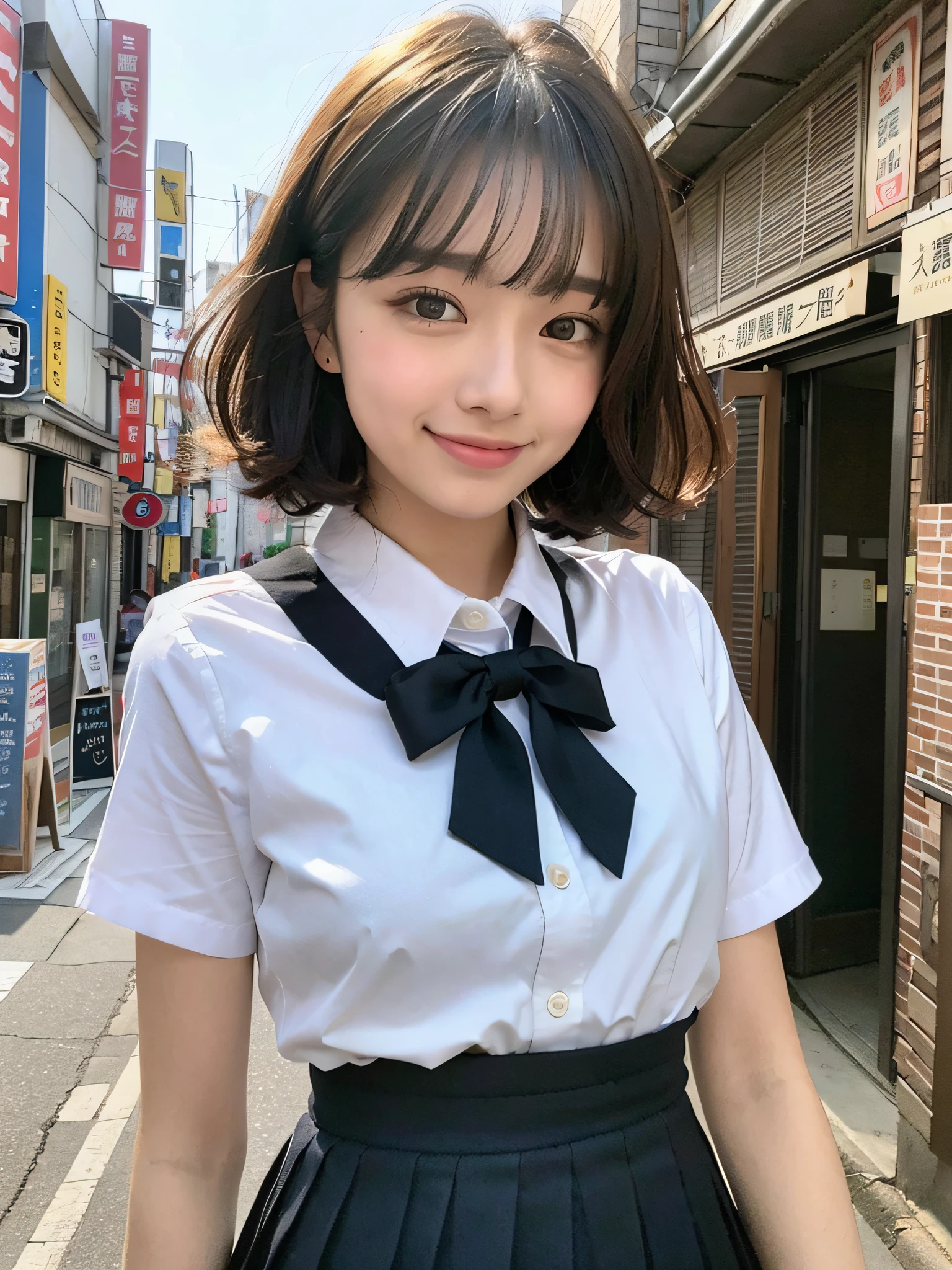 black hair, 18 years old, slender and busty body, bob cut, aqua eyes, black hair, blush stickers, grin, smile with teeth, maid Cafe, Maid clothes, Bustling background、whole body, younger sister girl, round face, slightly puffed cheeks, eyebrows downward, light blush, Double eyelids, Look at viewers, affectionate cute, cute girl, surreal high school girl, Look at viewers, Hinano Himeno, lots of spectators, TOKYOcty, touched by many people, one little star earring, Akihabara, wiping the table, lively eyes, Surrealism, Surrealism, depth of field, Nikon, 8k, super detail, masterpiece, high details, 8k, anatomically correct, award winning