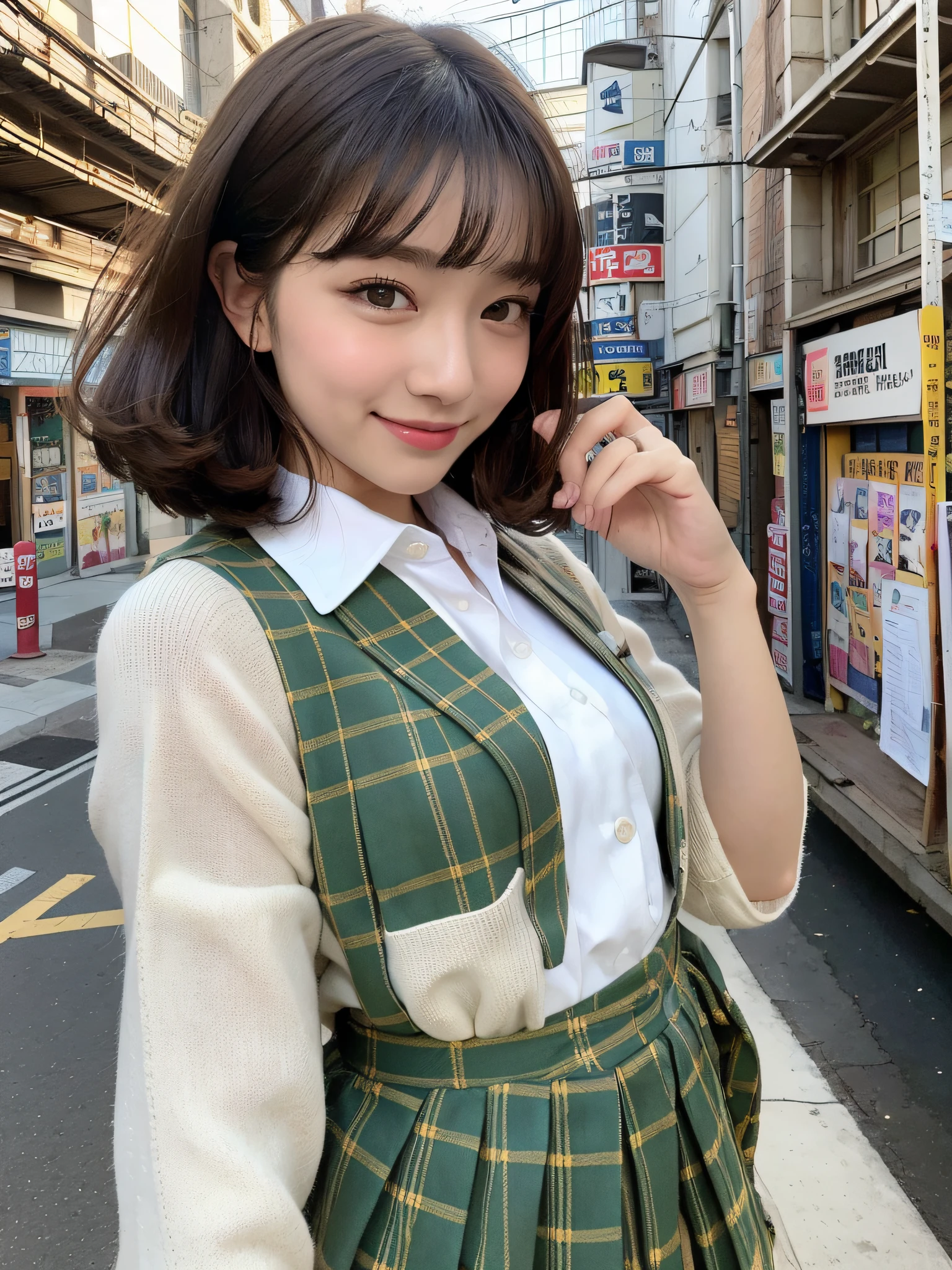 (8K、Raw photography、top-quality、masuter piece:1.2)、ultra-detailliert、ultra res、(realisitic、rialistic photo:1.37)、portlate、high-definition RAW color photography、Professional Photography、highly detailed and beautiful、ighly detailed、8K Picture Wallpaper、amazing detailed、huge filesize、Official art、Highly detailed CG Unity 8K wallpapers、highly detailed beautiful girl、extra detailed face、extremely detailed eye、highlydetailed skin、extremely detailed fingers、highly detailed nose、very detailed detailed mouth、Perfect Anatomy、highly detailed back ground、Highly detailed clothing、 1 人、(18:1.2)、Teete little us Japan idol、cute little、Realistic body、小柄、de pele branca、glistning skin、Slim body、Handsome body、brown haired、Short curly hair、(Blunt bangs:1.2)、A smile、kawaii、zora々Right、kawaii faces、Lifelike face、Delicat eyes、Sauce order、White shirt、skirt by the、耳Nipple Ring、Looking at the camera、cowboy shot、front facing、Contrapo, high street, 动态照明,((((japanese girl school uniform))))、s Office