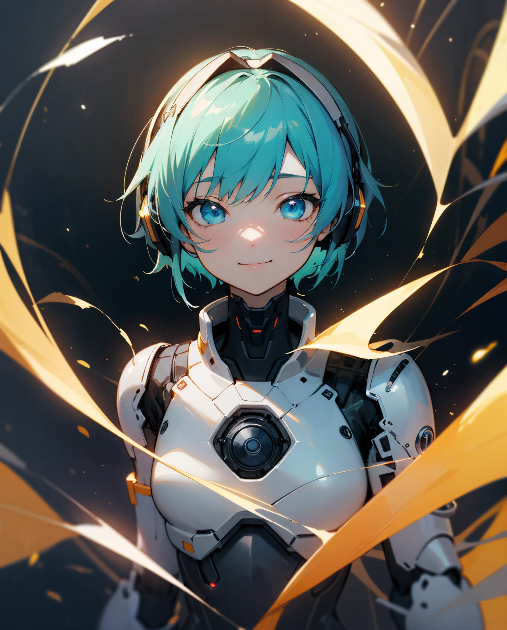 ultra-detailliert、anime illustrated、2D Beautiful Girl、top-quality、Top image quality、masterpiece、超A high resolution、android beautiful girl、, Cybersuit glowing black, blue headphones、green short-haired,Blue Eyes、A slender、The face is depicted in detail、The eyes are very detailed、The clothes are also depicted in detail、hiquality、Beautiful Art、Fantastic Universe、kindly smile、Elaborate design、soio、Knights、animesque、illustratio