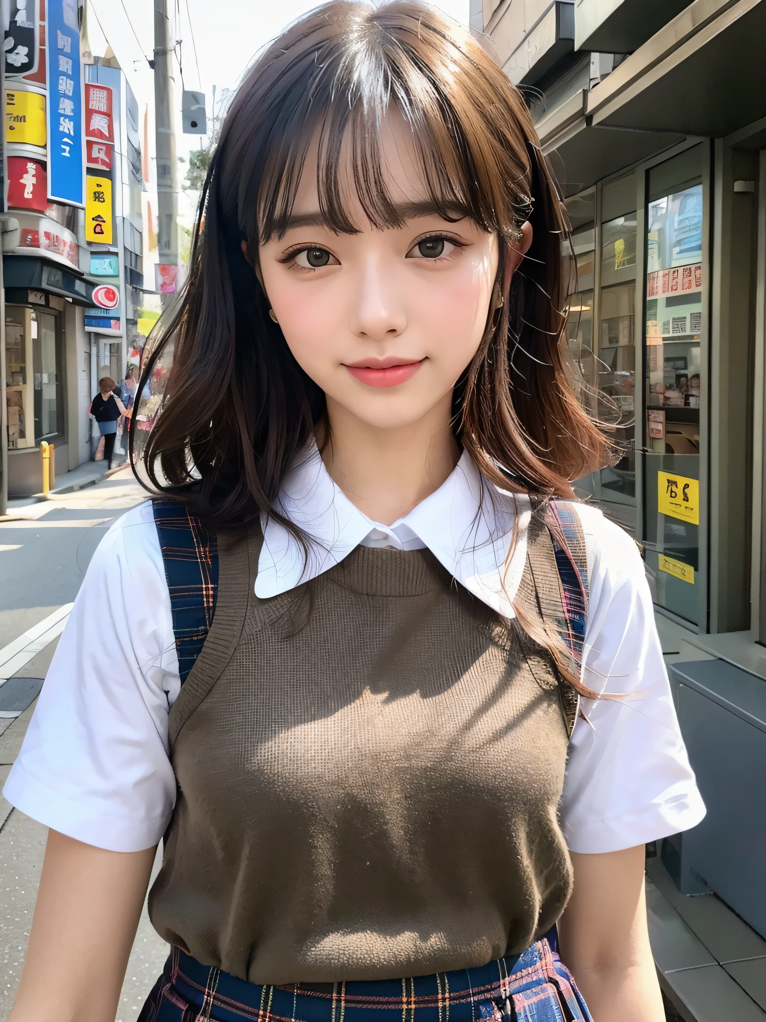 (8K、Raw photography、top-quality、masuter piece:1.2)、ultra-detailliert、ultra res、(realisitic、rialistic photo:1.37)、portlate、high-definition RAW color photography、Professional Photography、highly detailed and beautiful、ighly detailed、8K Picture Wallpaper、amazing detailed、huge filesize、Official art、Highly detailed CG Unity 8K wallpapers、highly detailed beautiful girl、extra detailed face、extremely detailed eye、highlydetailed skin、extremely detailed fingers、highly detailed nose、very detailed detailed mouth、Perfect Anatomy、highly detailed back ground、Highly detailed clothing、女の子 1 人、(18:1.2)、Teen、Cute little girl s、famous Japan idol、cute little、Realistic body、小柄、de pele branca、glistning skin、Slim body、Handsome body、brown haired、Short curly hair、(Blunt bangs:1.2)、A smile、kawaii、zora々Right、kawaii faces、Lifelike face、Delicat eyes、Sauce order、White shirt、skirt by the、耳Nipple Ring、Looking at the camera、cowboy  shot、front facing、Contrapo, high street,  动态照明,((((japanese girl school uniform))))、s Office