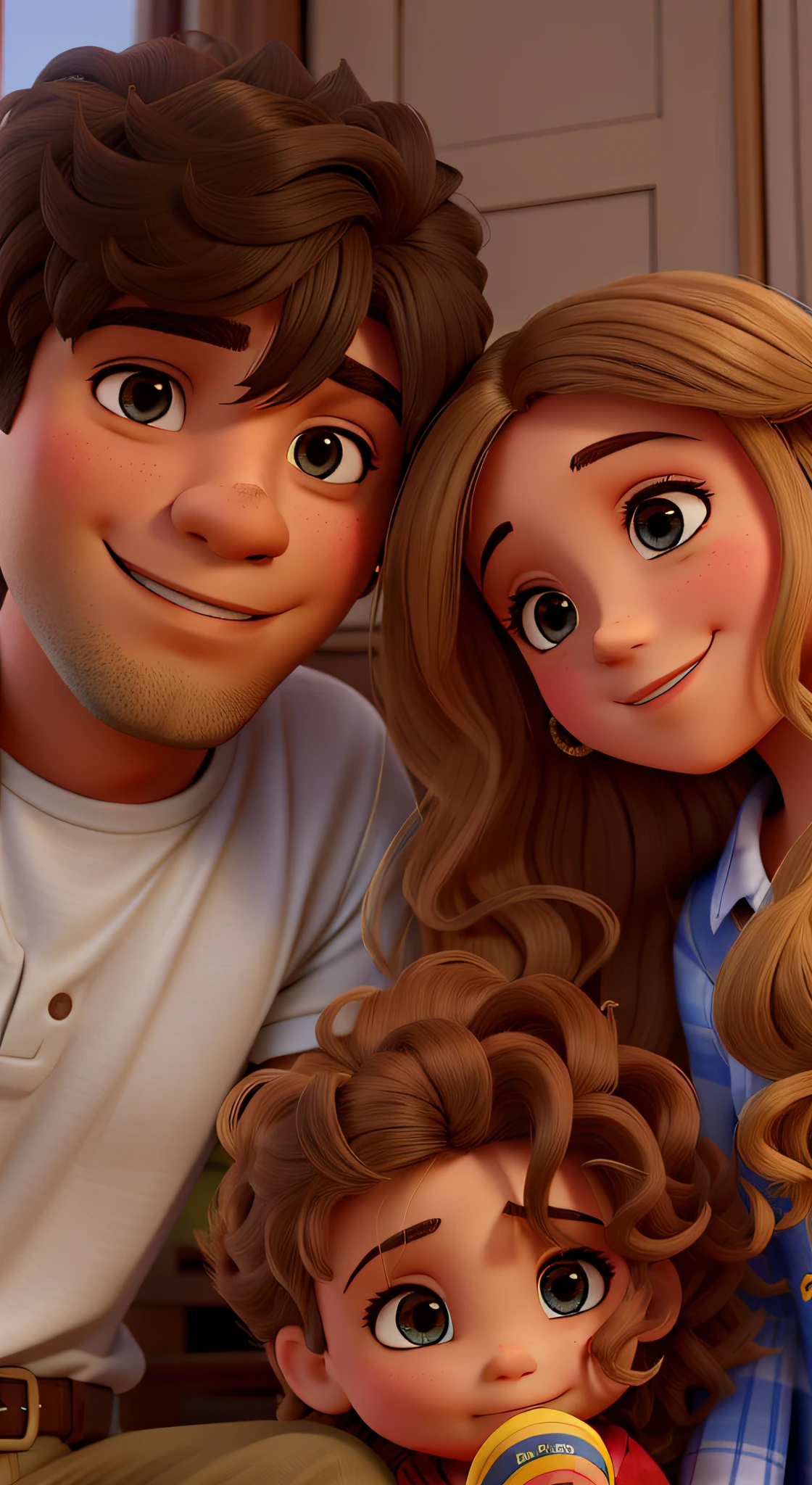 Casal com menino de cabelos castanhos e menina com cabelos loiros longos e cacheados e filha com cabelos loiros cacheados, coloque uma foto