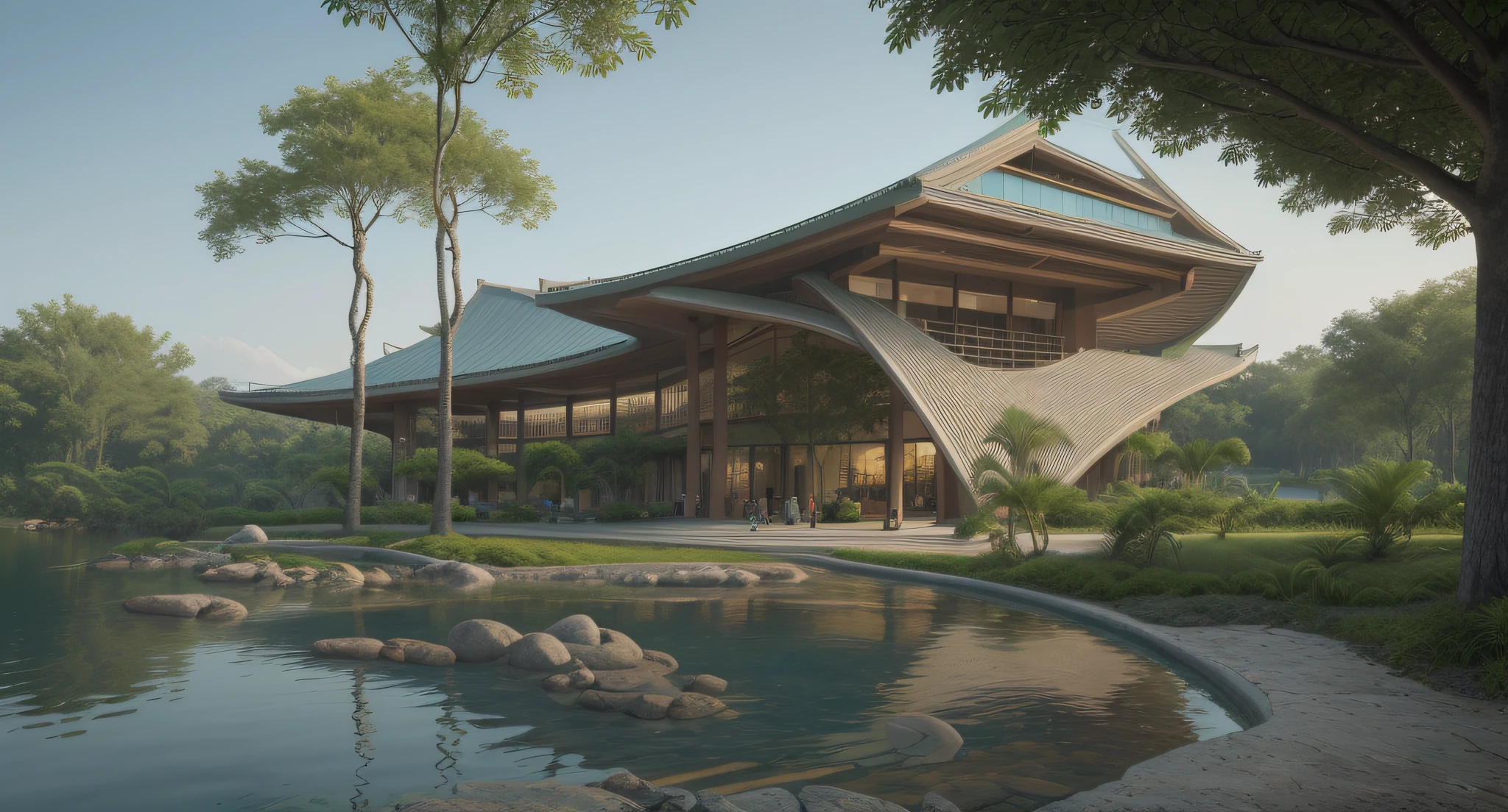 ((ultra realistic)) ((best quality)) photo of Curved roof structure, organic architectural style, traditional Vietnamese, dark beige and dark turquoise, lawn, near the lake, clear atmosphere