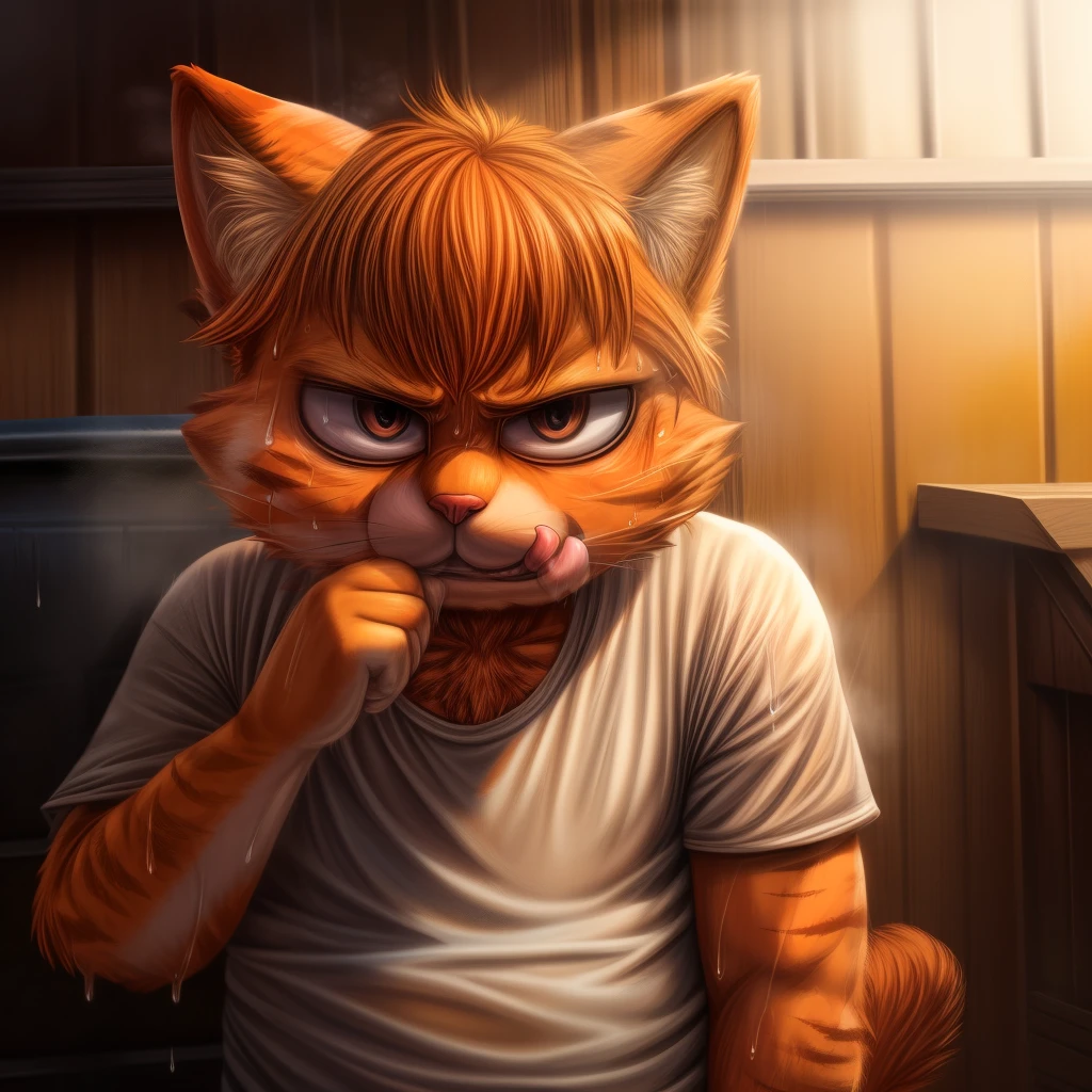 realistic, Garfield, Solo, mature male, cat, (orange tabby fur:1.3), (orange tabby body:1.3), white huge eyes, detailed hands, orange hair, medium hair, messy hair, short, fatty , weak, unathletic, stinky, smelly, sweaty, sweat, dirty white shirt, ripped jeans, evil expression, licking lips