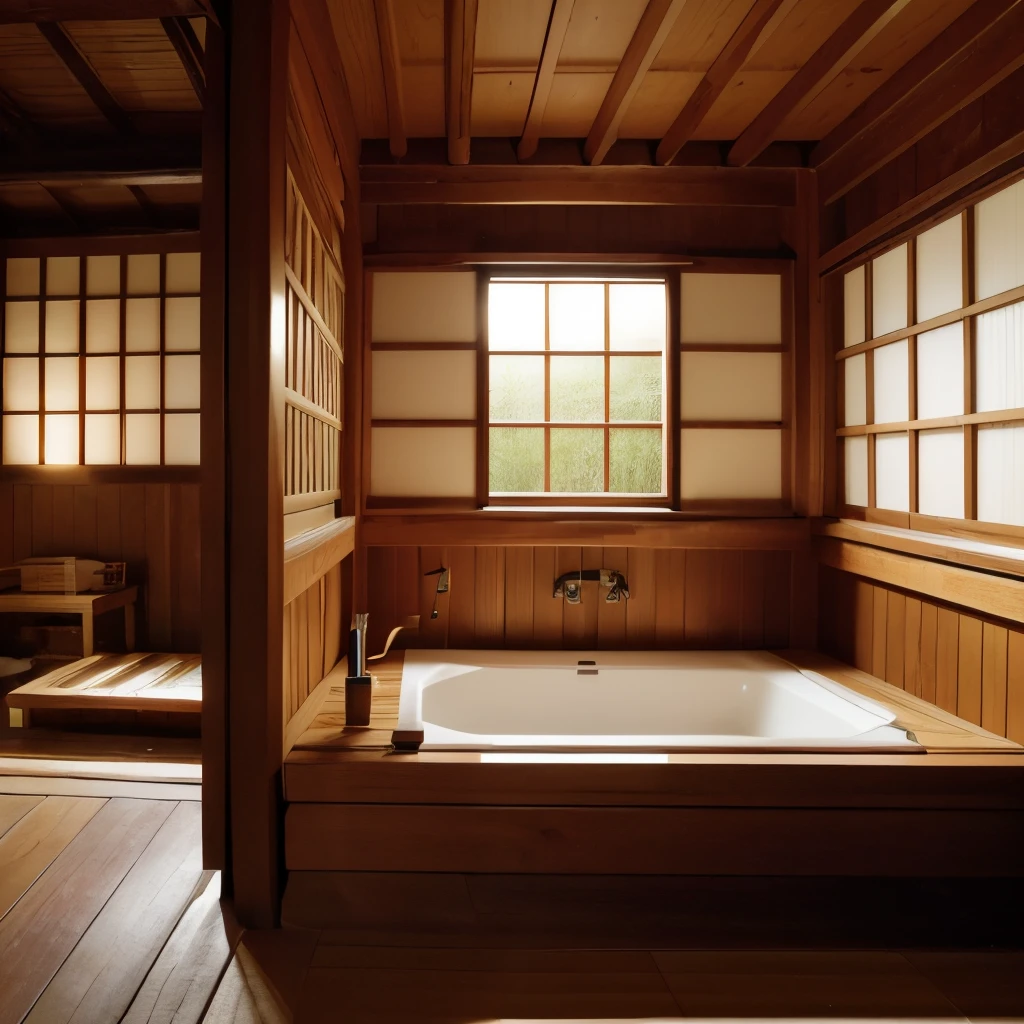 top-quality、masterpiece、超A high resolution、8K、(Photorealsitic:1.4)、Raw photo、ryokan、old wooden building、Very large bathhouse、A large wooden bathtub is embedded in the floor、Bathroom surrounded by wooden walls、No windows、There are no shoji windows.