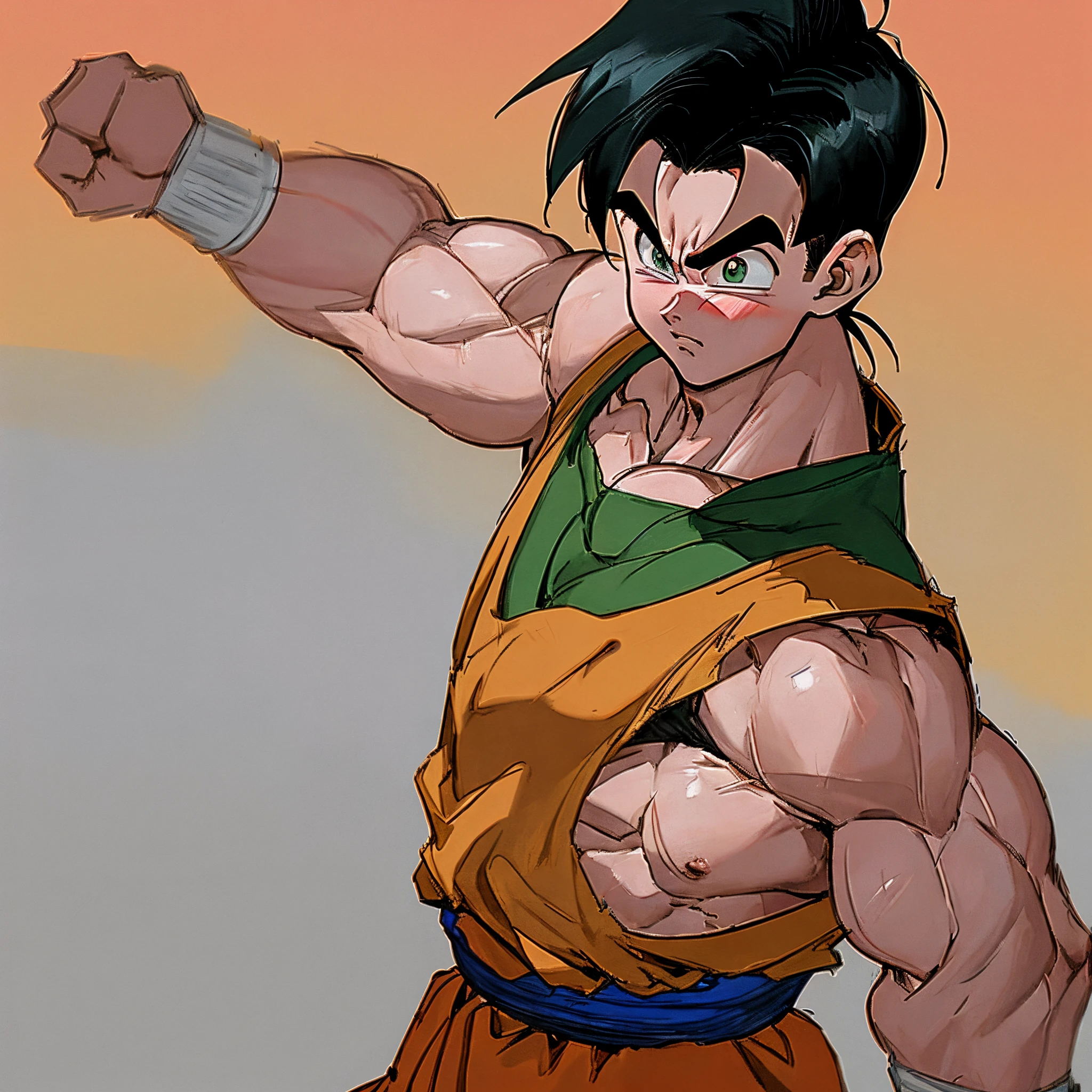 A detailed drawing of Gohan’s intense workout biceps at a bodybuilding gym.