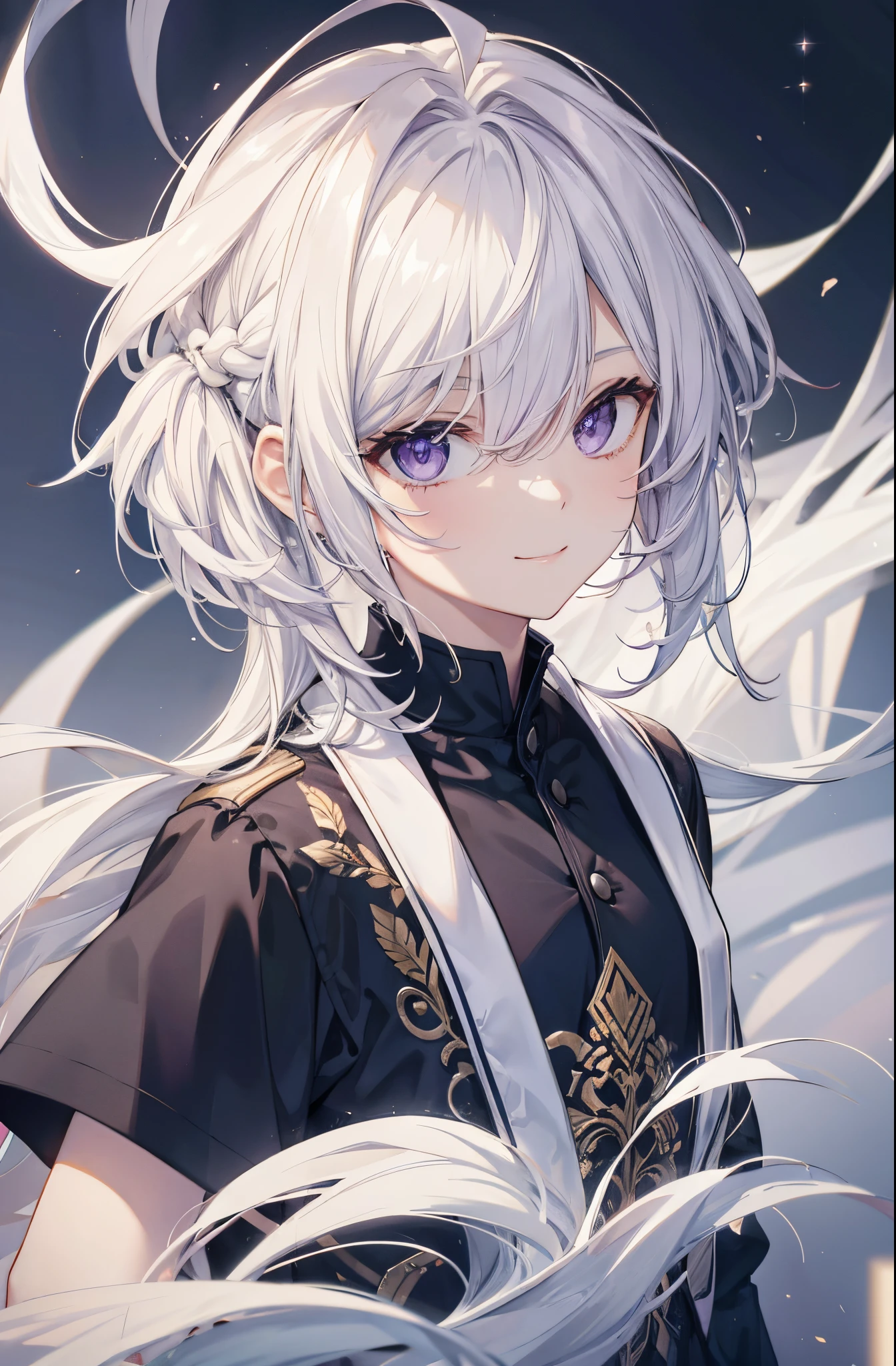 smiles, purple eyes, shining eyes, mullet hair