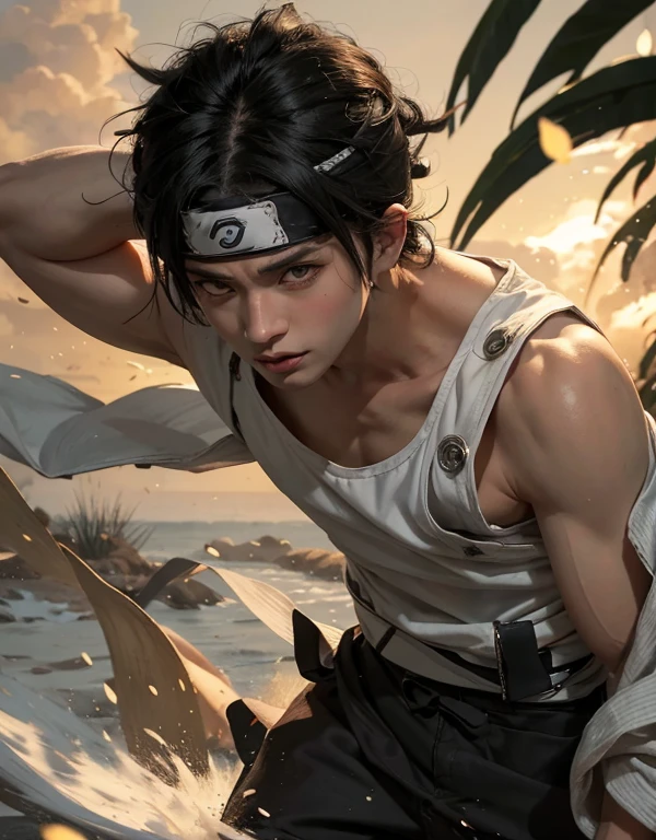 1guy,kiba in anime naruto, short hair, black hair, eyes, beautiful, white clothes with white edges, Konoha headband, realistic clothes, detail clothes, outdoor background, ultra detail, realistic