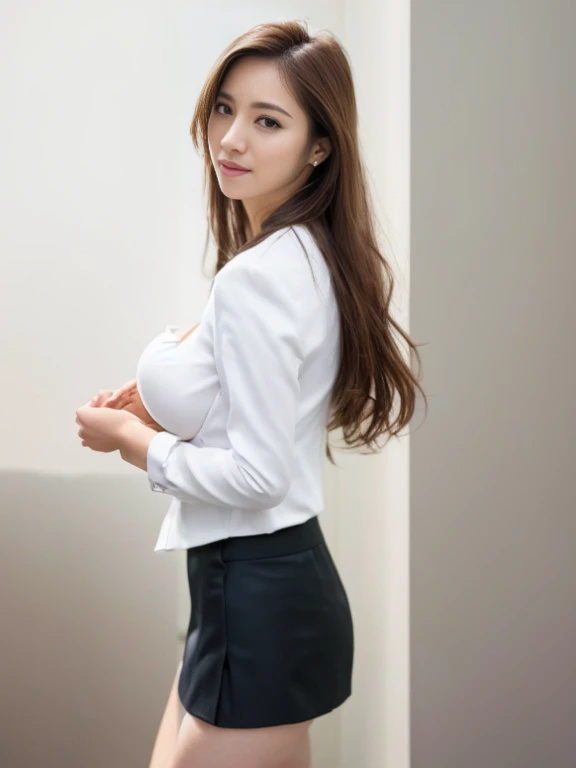 there is a woman in a white shirt and black skirt posing, close up half body shot, upper body closeup, covered breast, Large breasts, Wearing a blouse, Chest covered、SFW, wearing in shirt, in a white shirt, touching her clothes, Revealing clothes, White sleeves, with large breasts, with a big chest, in a white shirt