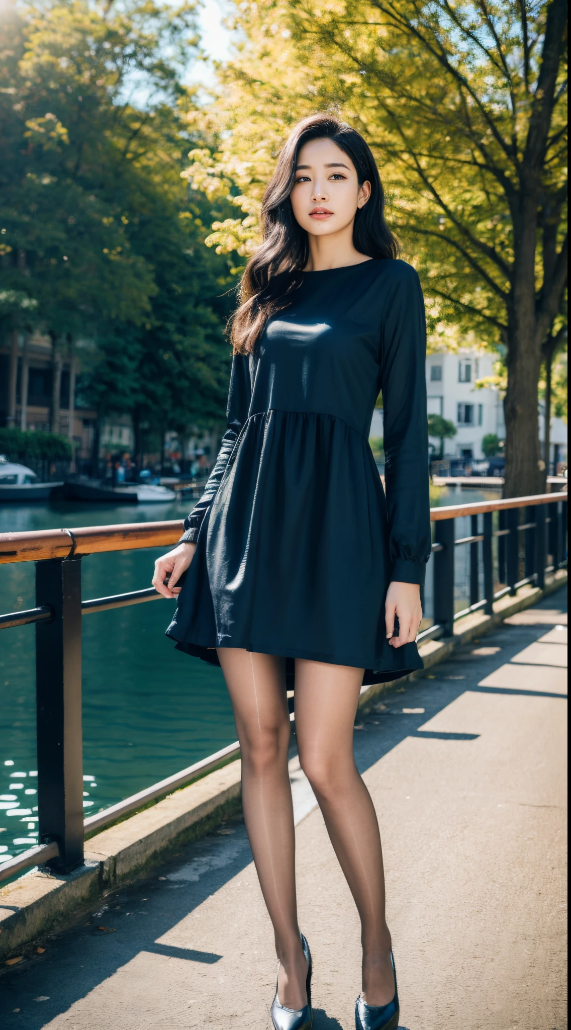 (Raw photo:1.2), (Photorealistic:1.4),Beautiful detailed woman,extremely detailed eye and face, A detailed eye, ultra - detailed,hight resolution, Very detailed,best qualtiy,illustratio,unified,8k壁纸,tmasterpiece,best qualtiy,1girll，Standing on the dock，The boat is in the water,  long-sleeved dresses, soft silk dress, outside of house，lacepantyhose，耳Nipple Ring，jewely，high-heels，looking at viewert，black colored hair，Black shoes，full body Esbian，standing on your feet，Printed dress，long-sleeve，Long whit hair，In the daytime，with brown eye，Printing，street corner，robe blanche，bblurry