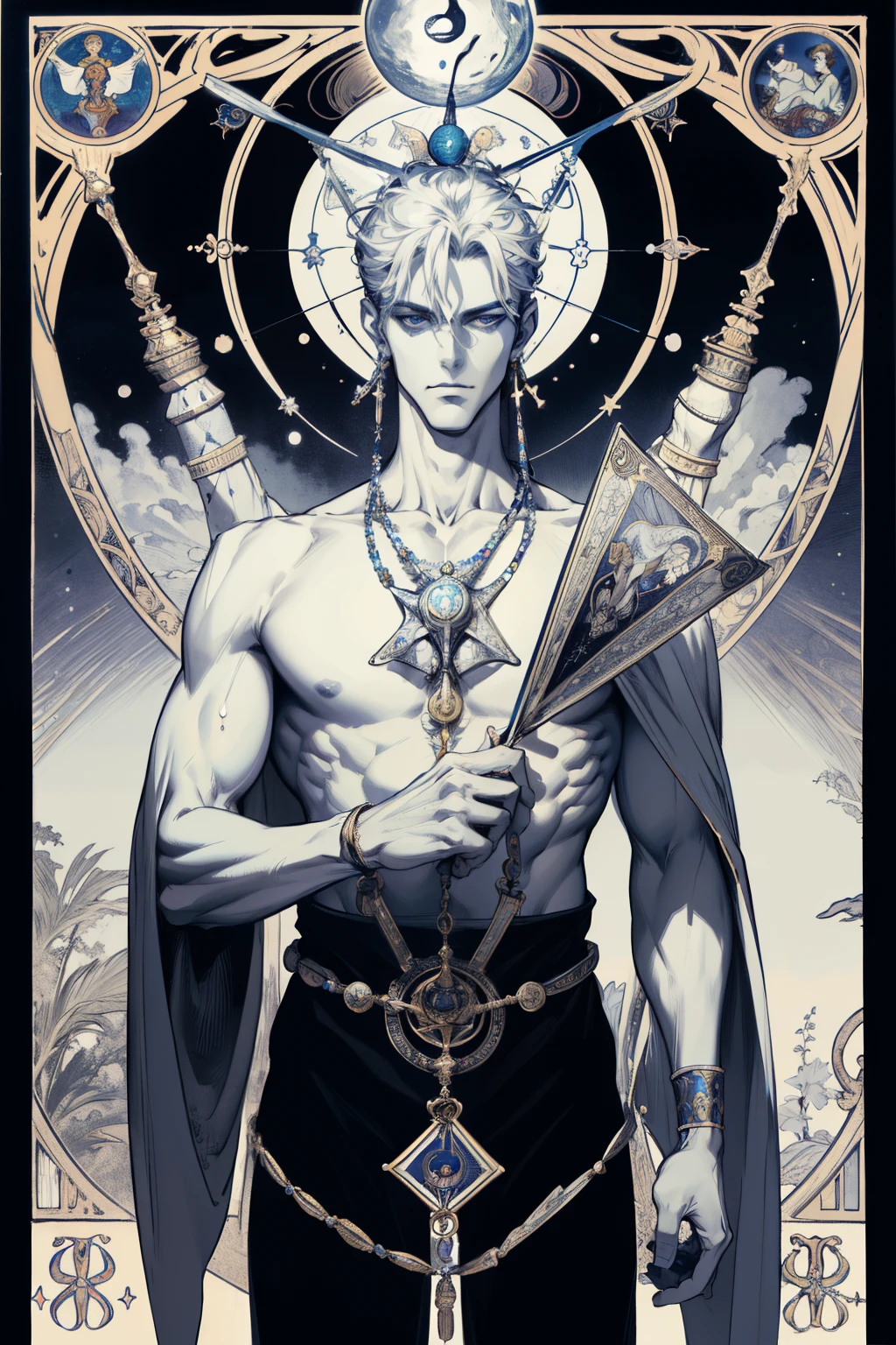 (absurdres, highres, ultra detailed), 1 male, adult, handsome, tall muscular guy, broad shoulders, finely detailed eyes and detailed face, the fool \tarot\, bard, clown, Symbolism, Visual art, Occult, Universal, Vision casting, Philosophical, Iconography, Numerology, Popularity, Artistic, Alfons Mucha