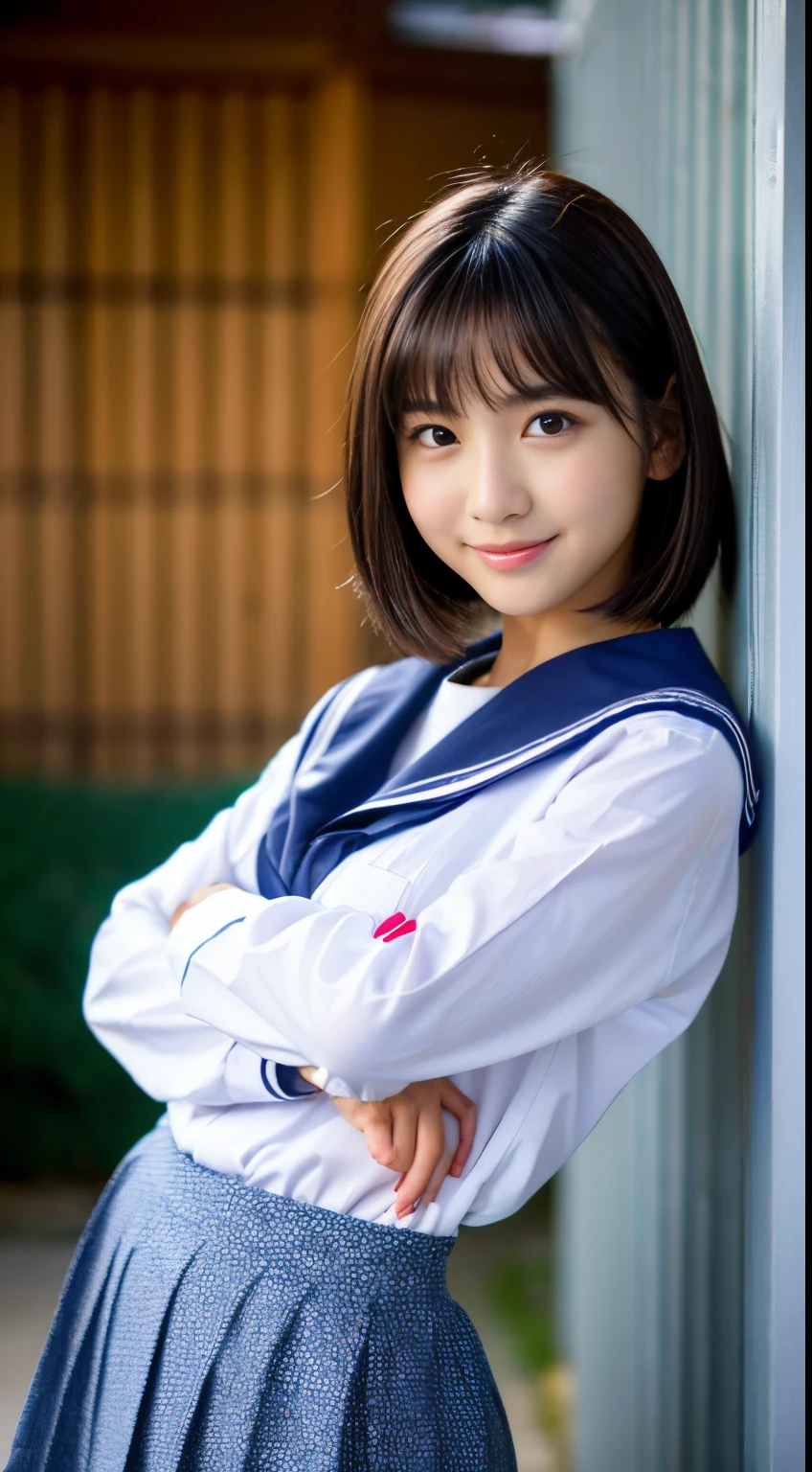 Best-quality, Masterpiece, Ultra-High-Resolution, (Photorealistic:1.4), Raw-Photo, Extremely-Details, Perfect-Anatomy, 1girl, 12-years-old, the most famous Japanese idol, cowboy-shot, upturned ass, looking at viewer, innocent smile, wearing long sleeve sailor shirt and navy blue pleated skirt, detailed extremely cute face like a most popular Japanese actress, detailed extremely beautiful big black solid circle eyes, detailed extremely beautiful black short-cut-haired, detailed extremely beautiful realistic skins, detailed extremely beautiful hip, detailed extremely beautiful body, detailed extremely beautiful thighs, detailed long length sailor shirt and navy blue pleated skirt