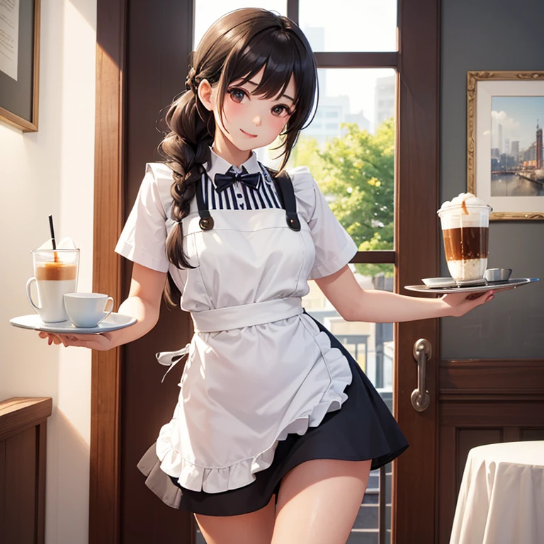 1girl,A cute girl working part-time at a cafe,Cute as an idol,ssmile,common braid,Accurately depicted faces,Slender A cup,beauty legs,tre anatomically correct,perfectly proportions,Hold the tray in your right hand and carry the coffee.,mini apron dress,The skirt flips and striped panties peek out.,Active Poses and Angles,At the open cafe,​masterpiece,hiquality,