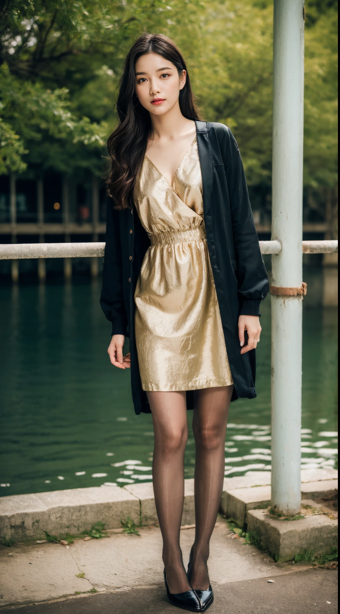 (Raw photo:1.2), (Photorealistic:1.4),Beautiful detailed woman,extremely detailed eye and face, A detailed eye, ultra - detailed,hight resolution, Very detailed,best qualtiy,illustratio,unified,8k壁纸,tmasterpiece,best qualtiy,1girll，Standing on the dock，The boat is in the water,  long-sleeved dresses, soft silk dress, outside of house，lacepantyhose，耳Nipple Ring，jewely，high-heels，looking at viewert，black colored hair，Black shoes，full body Esbian，standing on your feet，Printed dress，long-sleeve，Long whit hair，In the daytime，with brown eye，Printing，street corner，robe blanche，bblurry