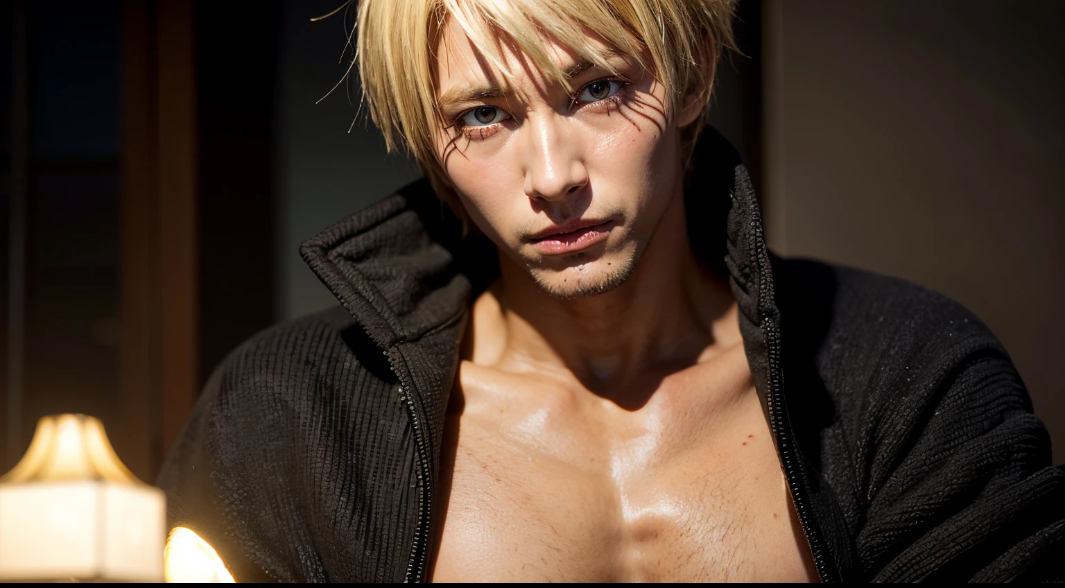 masterpiece, best quality, photorealistic, 1boy, solo, male focus, looking at viewer, , depth of field, veldora_tempest, blonde hair, yellow eyes