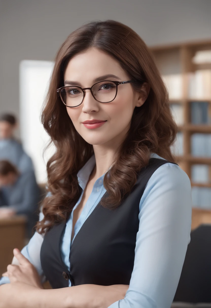 Cinematic ,facing the audience, (Reality :1.4), a 40 year old woman looking into the camera, extra long curly hair, female librarian, black skirt, white buttoned blouse, light blue sweater, mouth open, detailed beautiful face, action shot, empty office background, daytime, photo realistic, CG, art station, masterpiece, HD photographyCinematic portrait, ((medium close-up)), facing the audience, (Reality :1.4), a 40 year old woman looking into the camera, long wavy hair, female librarian, librarian costume, glasses, detailed beautiful face, smiling, empty office background, daytime, photo realistic, CG, art station, masterpiece, HD photography
