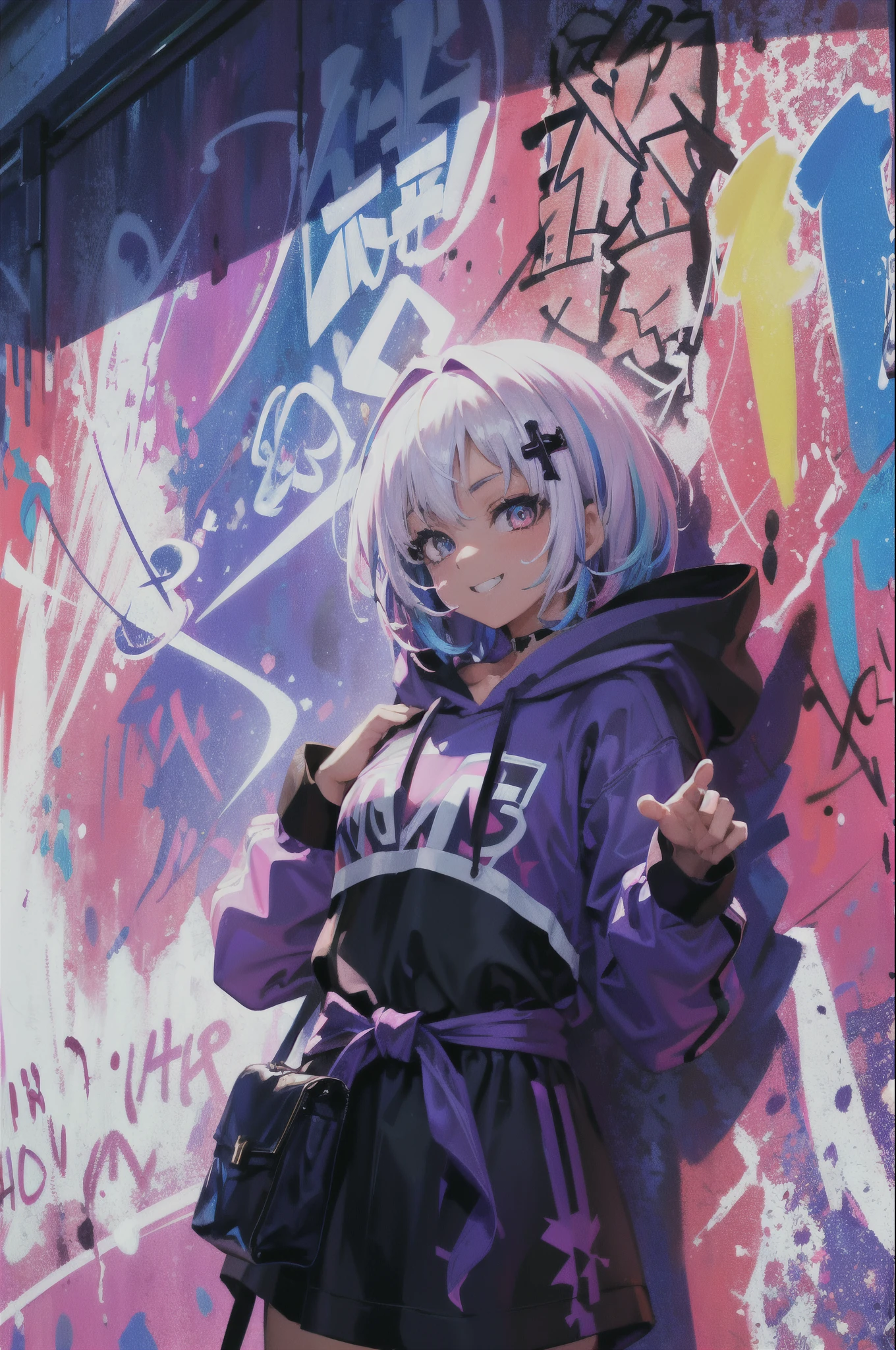 masterpiece, high quality, absurdres, highres, absurdres, ultra-detailed, 8k, 1girl, short hair, azure hair with coloured tips, gradient hair, looking at viewer, multicoloured eyes, colorful hoodie, colourful splashes, (graffiti murals wall background:1.15), brilliant colorful paintings, bloom, portrait, cross hair ornament, jagged teeth, smiling, waist bag, against wall, bangs, shadow, reflection, cool pose