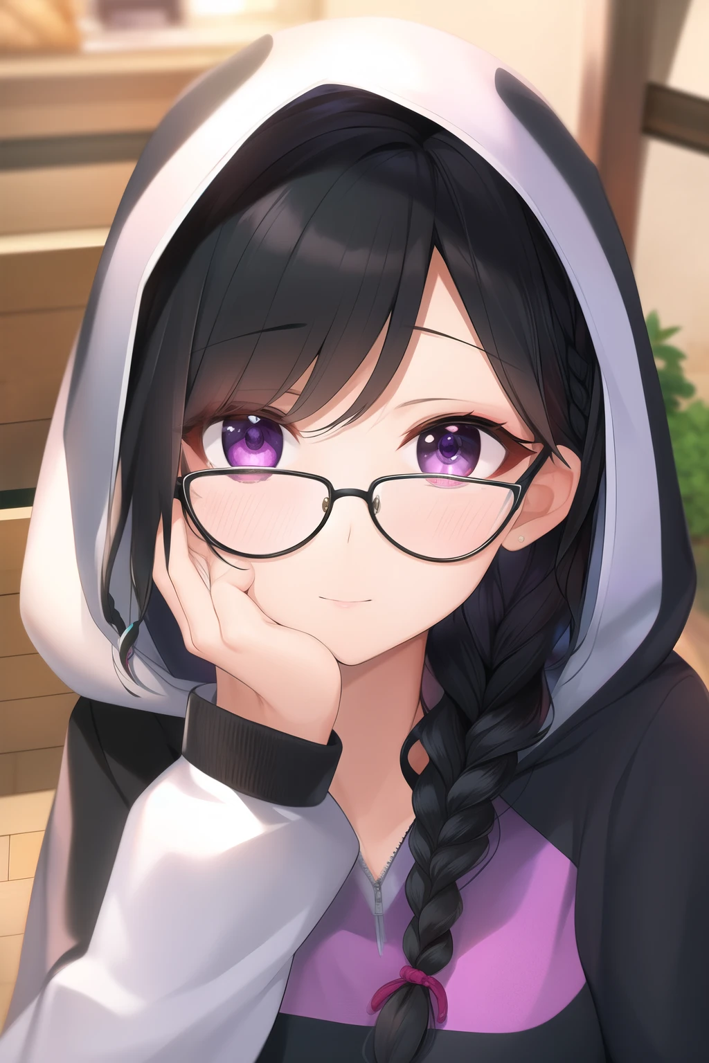masterpiece, 1woman, (black hair), (braid), (purple eyes), (glasses), breast, (looking at viewer), (hooded eyes:1.1)
